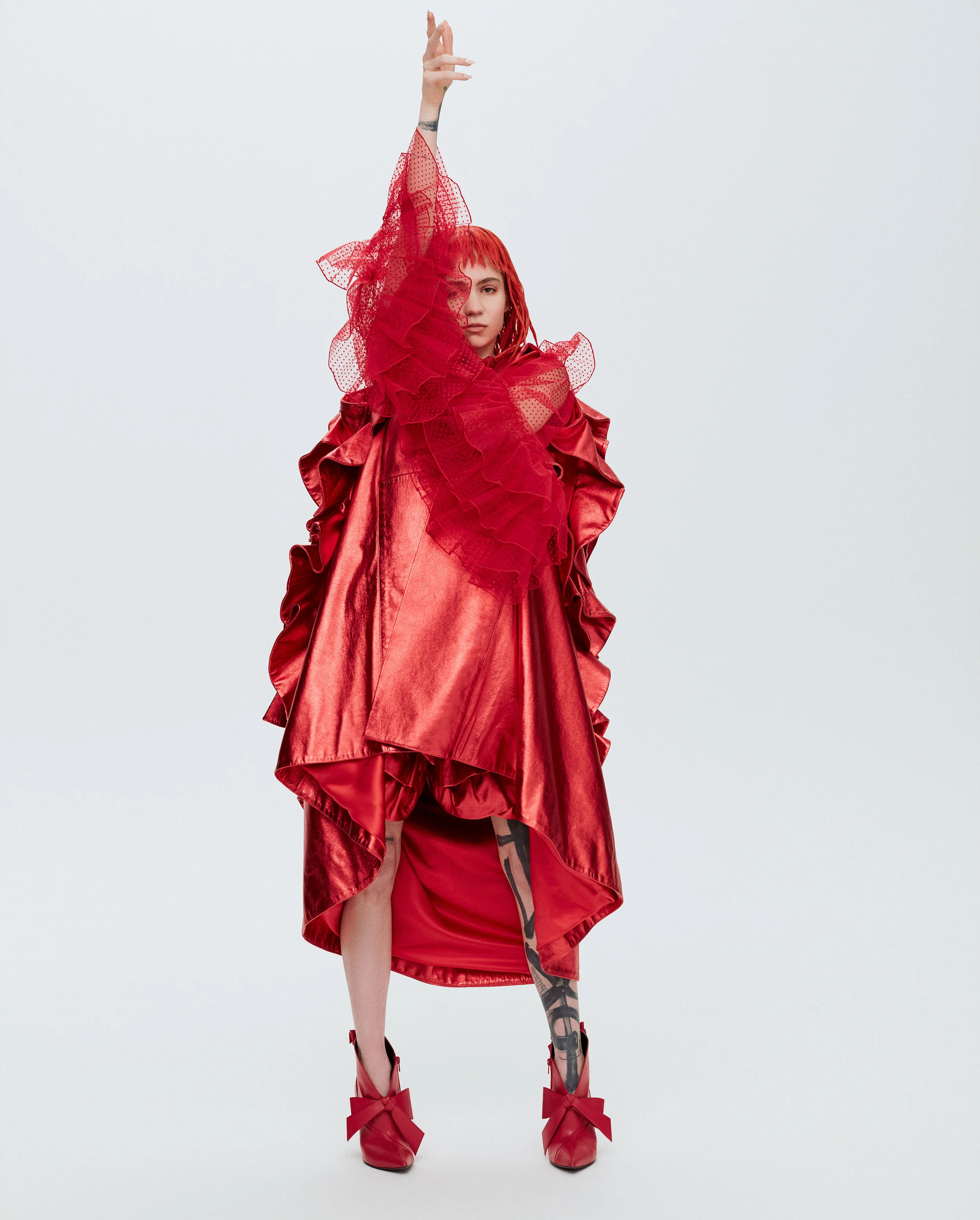RODARTE cape, blouse, shorts, and shoes.