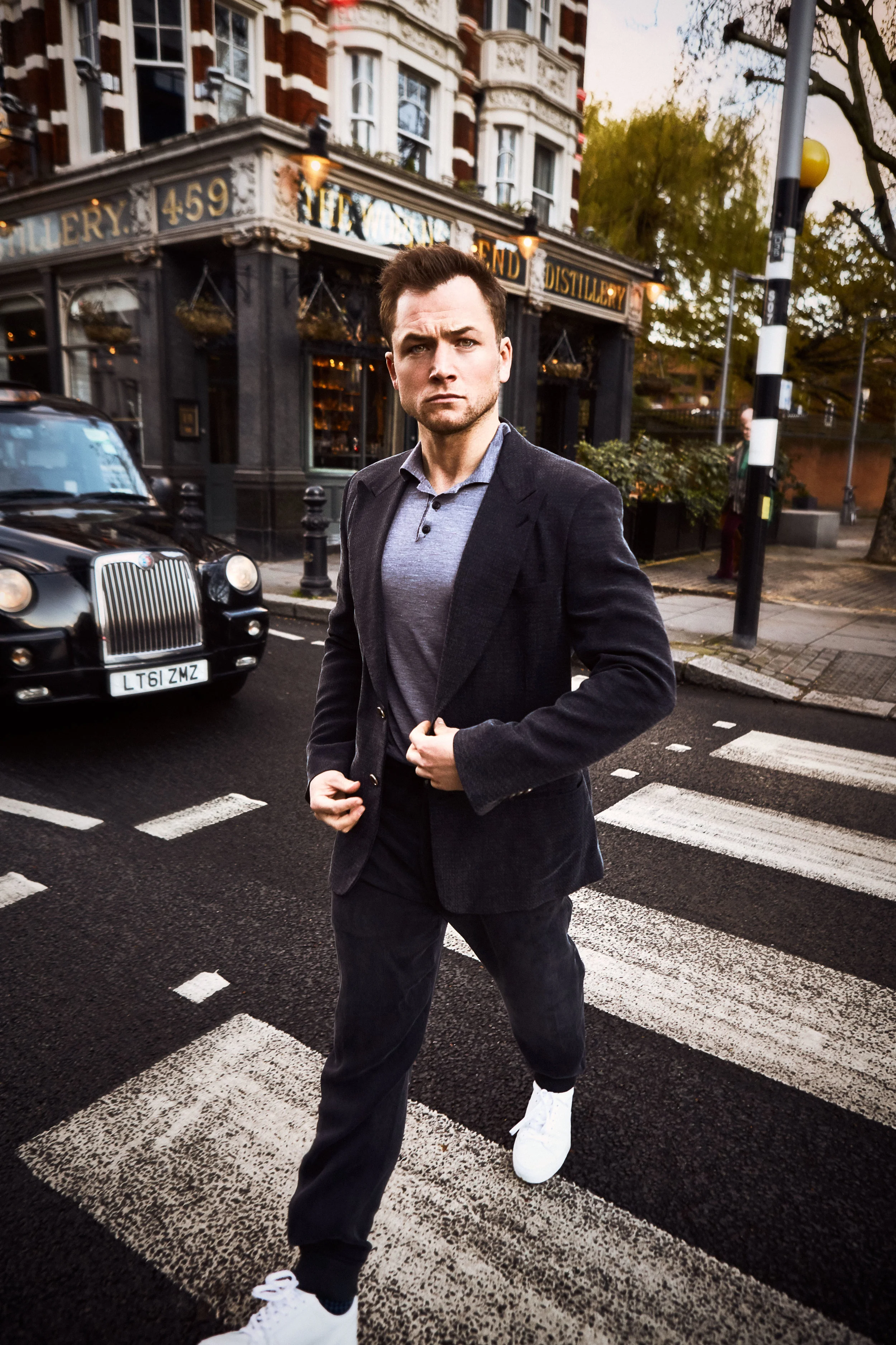 GIORGIO ARMANI jacket, shirt, and pants, MR P. AT MR PORTER shoes, and LONDON SOCK COMPANY socks.