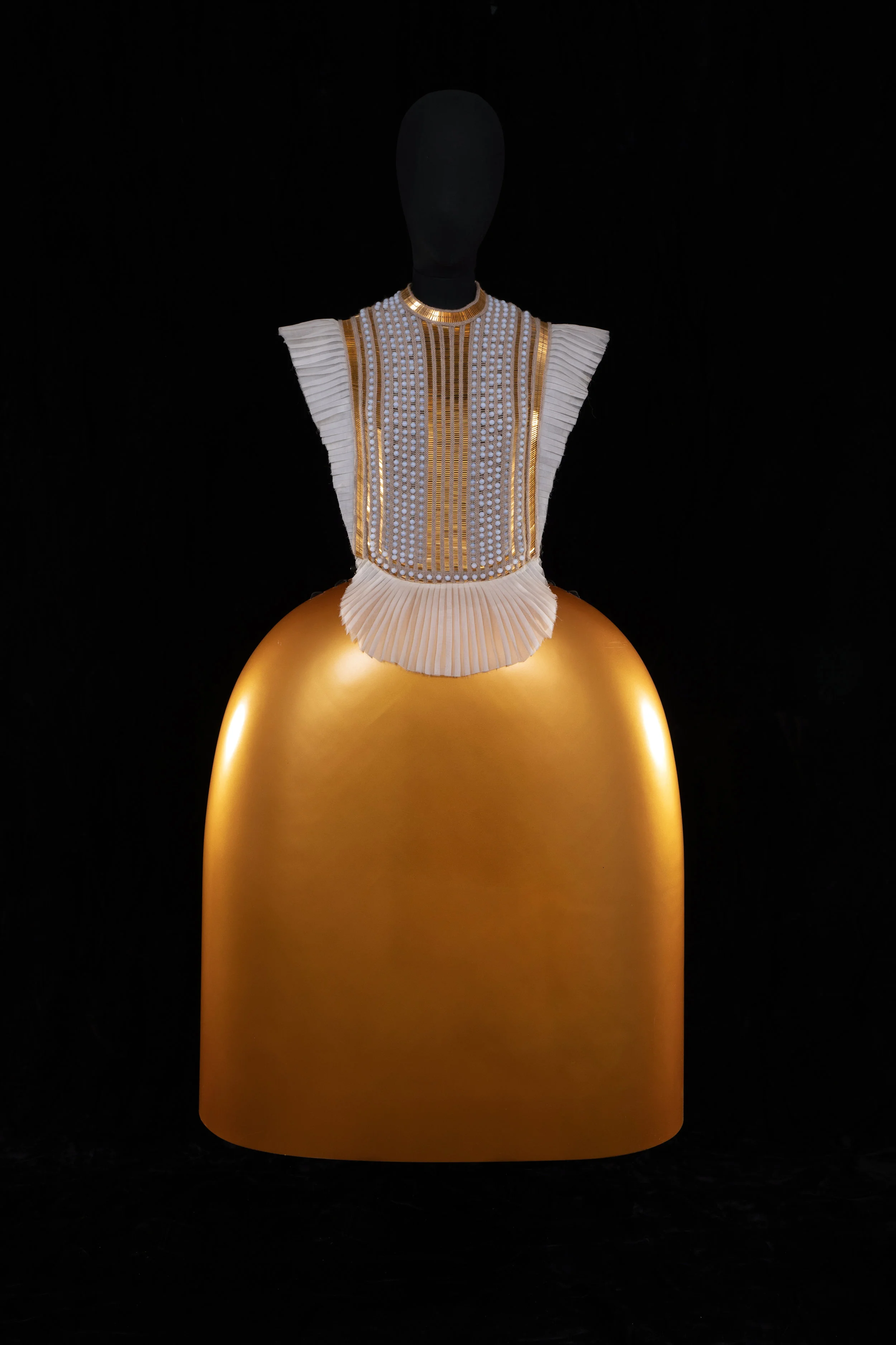 Serena Gili, France. Cashmere beaded top with golden fiberglass skirt. Discipline collection, 2012. Courtesy of Barrett Barrera Projects & RKL Consulting. Image by Sarah Carmody