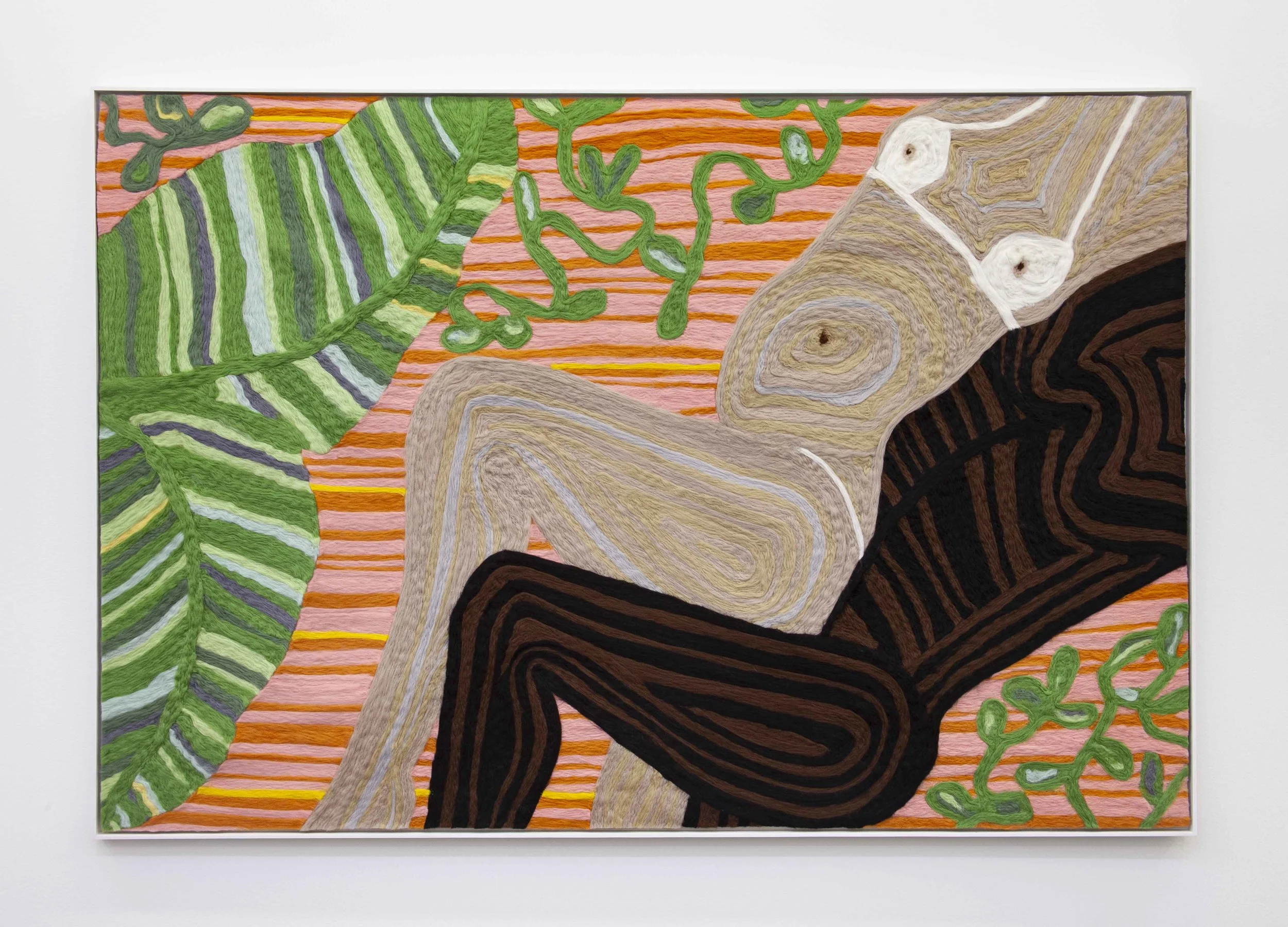 Cheryl Pope “Woman and Man Reclining on Striped Mat X” (2019). Needle-punched wool roving on cashmere, 48 1/4 in x 70 in. Courtesy of the artist and Monique Meloche Gallery, Chicago.