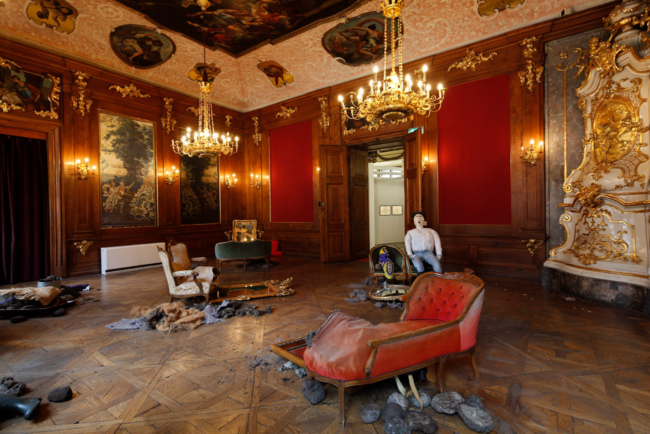 Oscar Murillo, social cataracts , 2019, installation, Palais Attems, Graz, photo: Liz Eve