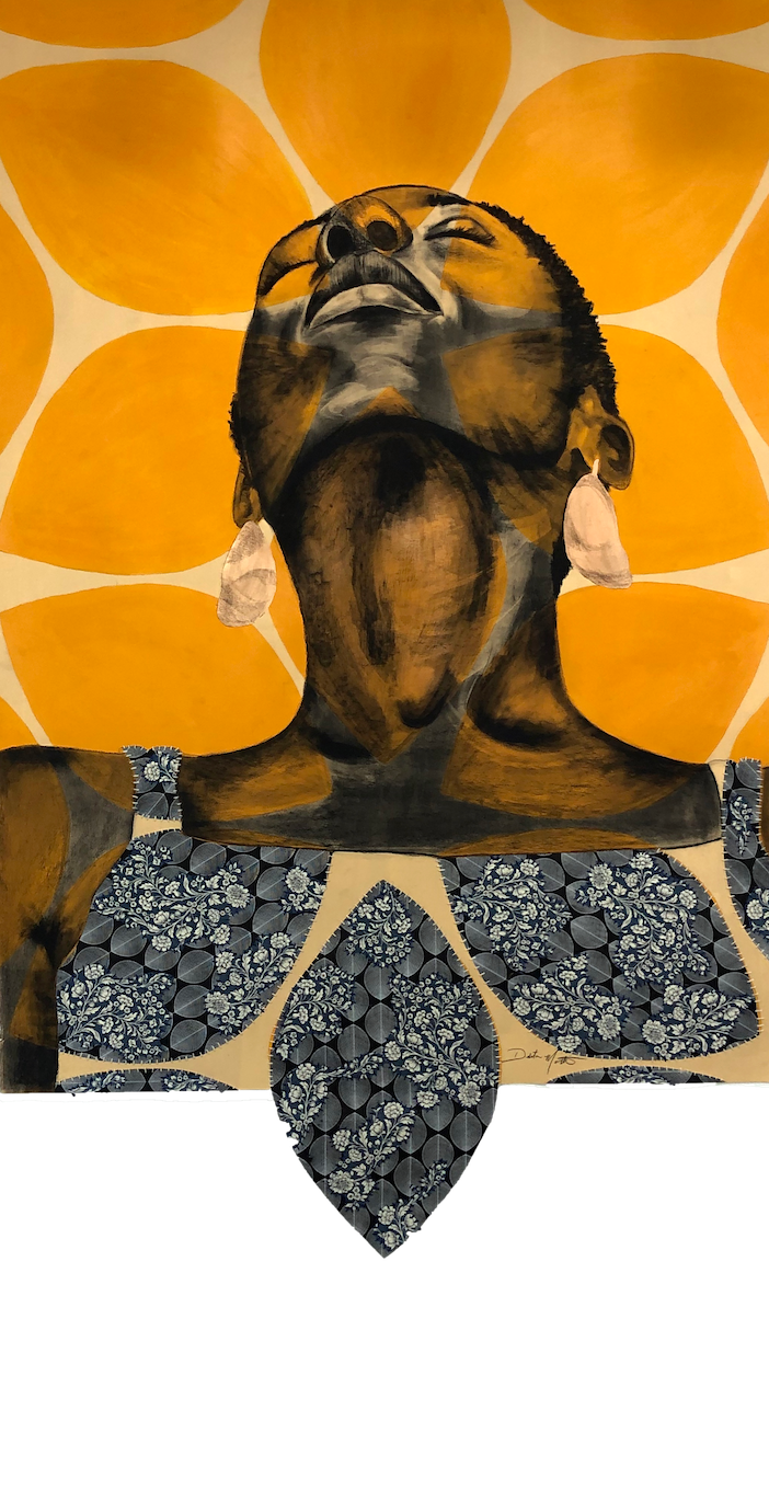Delita Martin, I See God in Us/Sunrise, 2020, Acrylic, charcoal, decorative papers, hand stitching, liquid gold leaf, 72 x 51 1/2 inches