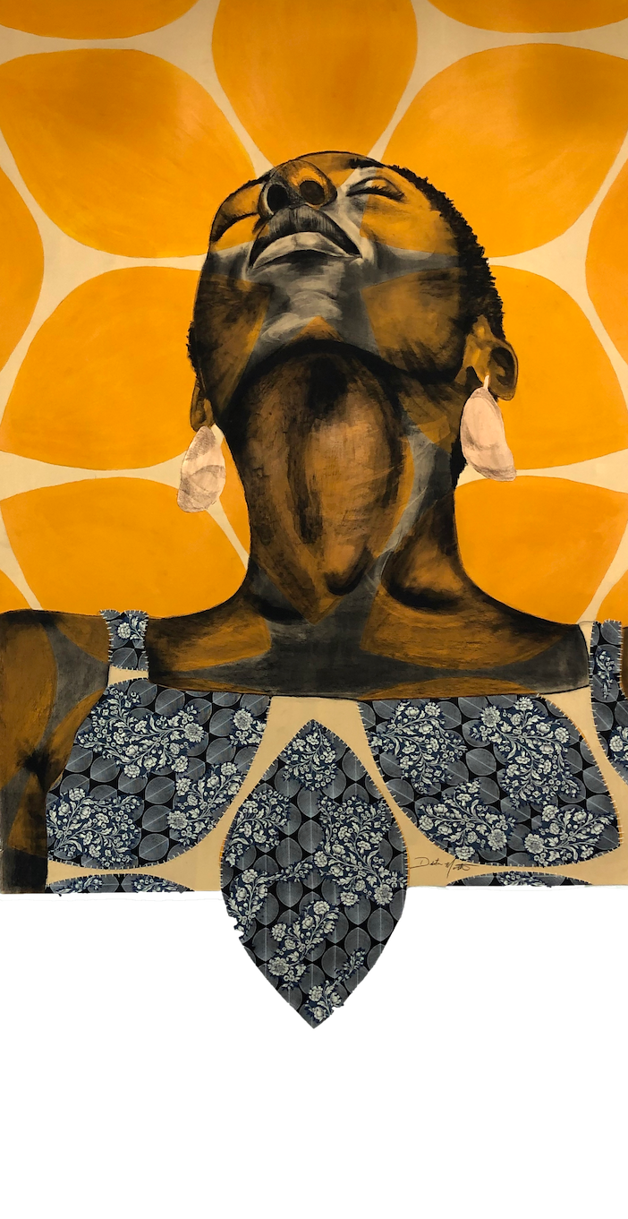 Delita Martin,  I See God in Us/Sunrise, 2020, Acrylic, charcoal, decorative papers, hand stitching, liquid gold leaf, 72 x 51 1/2 inches