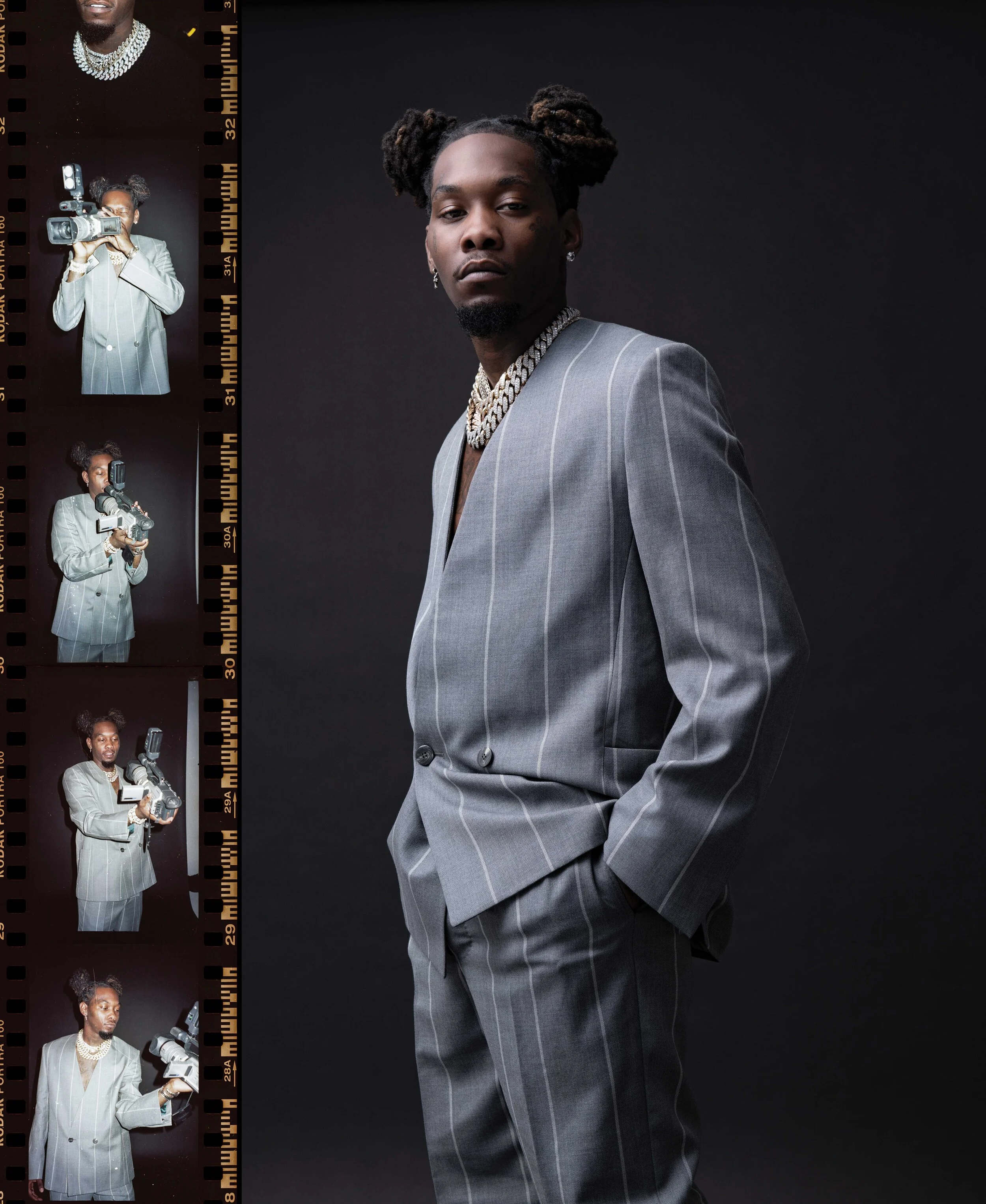  Offset wears  FEAR OF GOD EXCLUSIVELY FOR ERMENEGILDO ZEGNA  and talent’s own Chrome Hearts jewelry.  