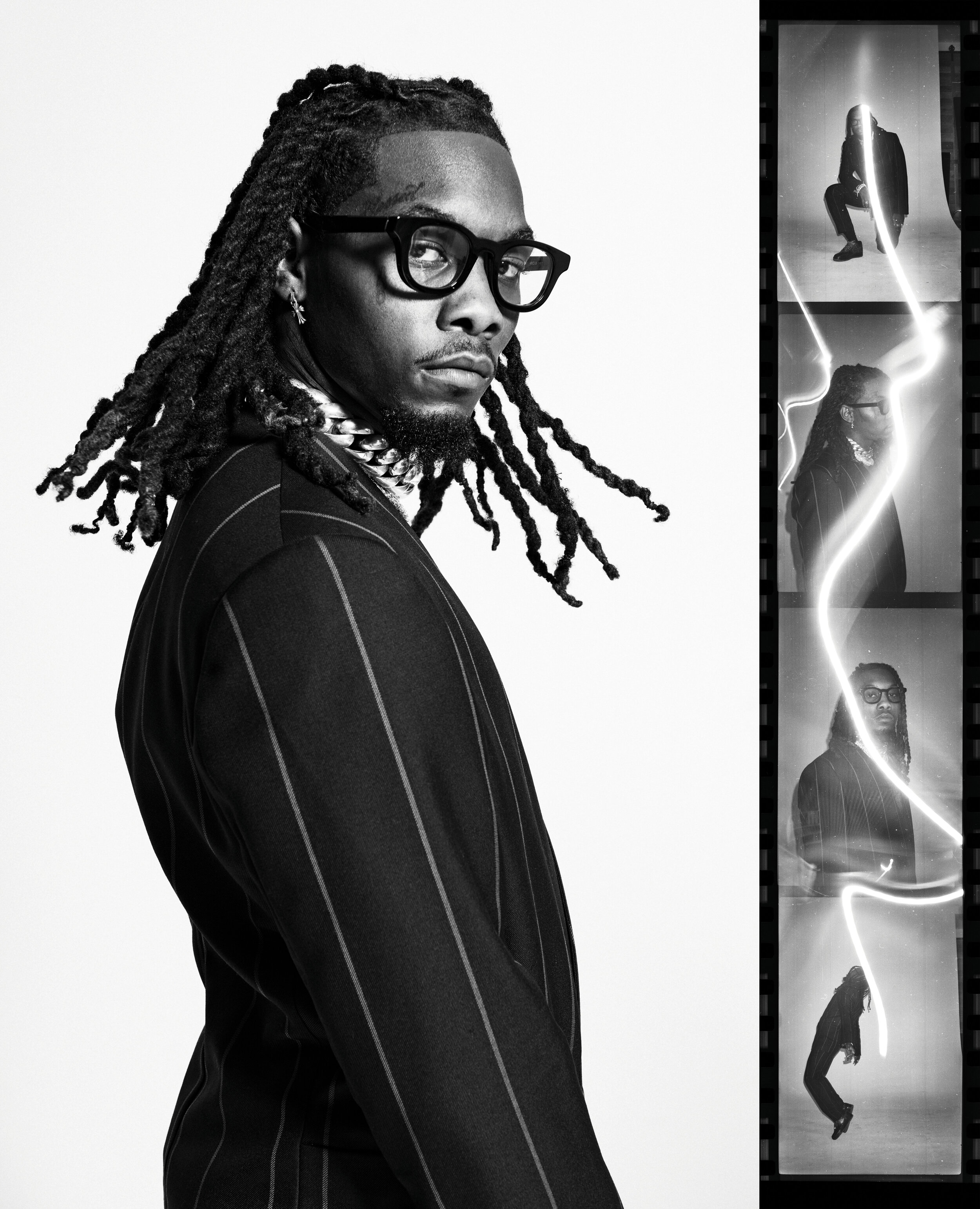  Offset wears  FEAR OF GOD EXCLUSIVELY FOR ERMENEGILDO ZEGNA  and talent’s own Chrome Hearts jewelry. 