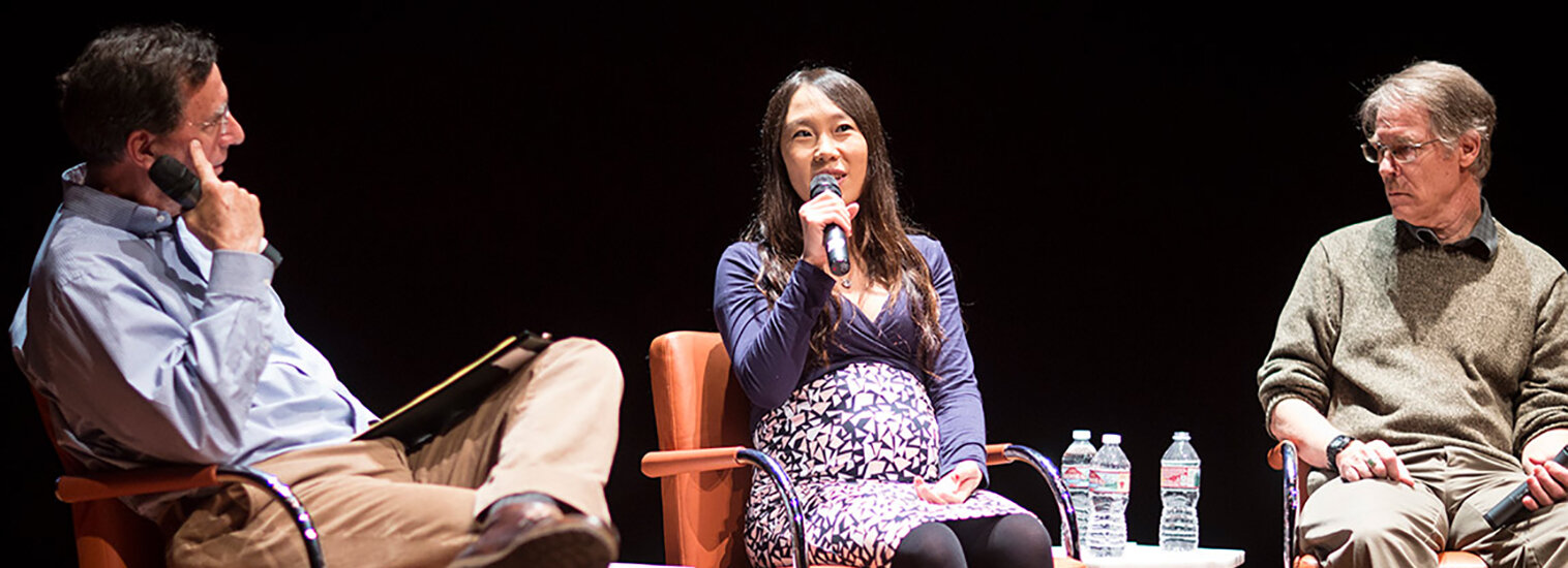 Institute Fellow Jingfang Hao, speaking at a “Future Humans” panel event in San Francisco with alumni BI Fellow John Markoff and sci-fi writer Kim Stanley Robinson