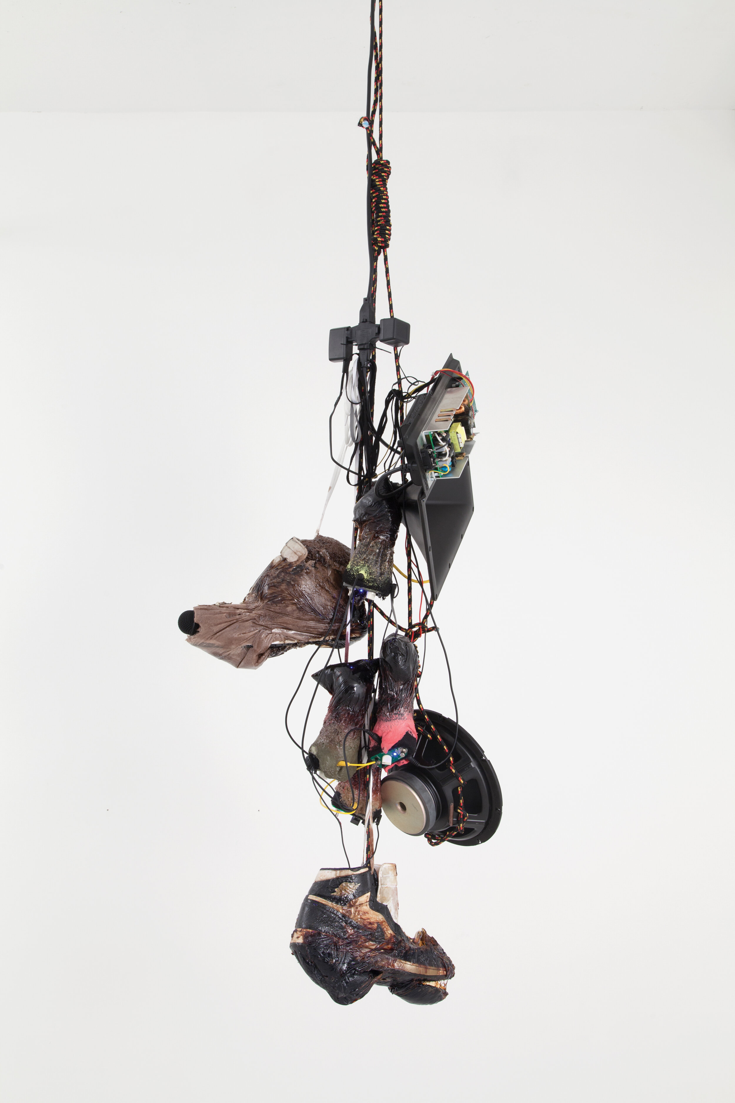 Kevin Beasley. “Strange Fruit (Pair 1)” (2015). Nike Air Jordan 1 shoes (white and black), polyurethane resin, polyurethane foam, tube socks, shoelaces, rope, speakers, hypercardioid and contact microphones, amplifier, patch cables, and effects proc…