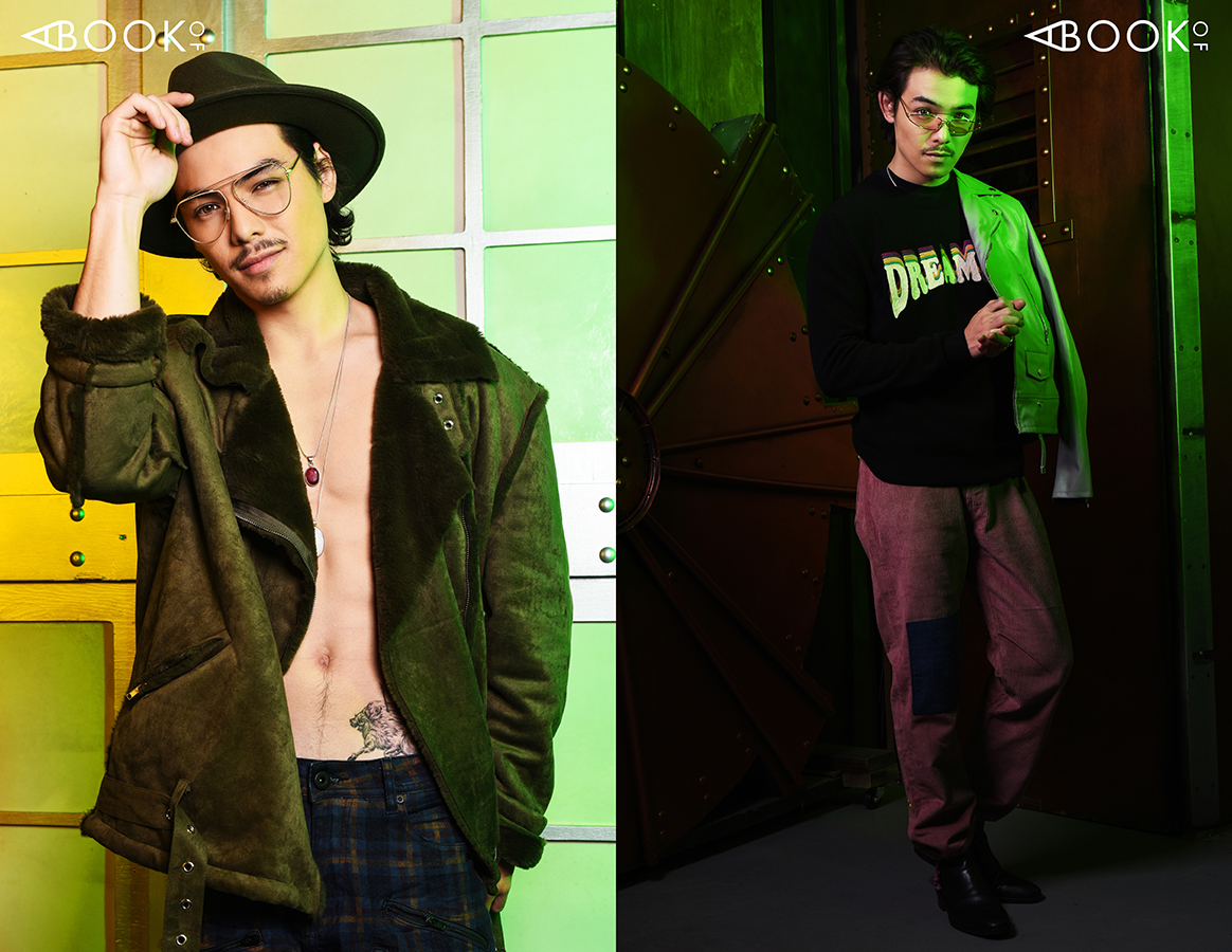 LEFT: Jacket - Lifted Anchors, Pants - A. Tiziano, Glasses - zeroUV RIGHT: Jacket - Embellish, Pants - Kid Super, Glasses - zeroUV