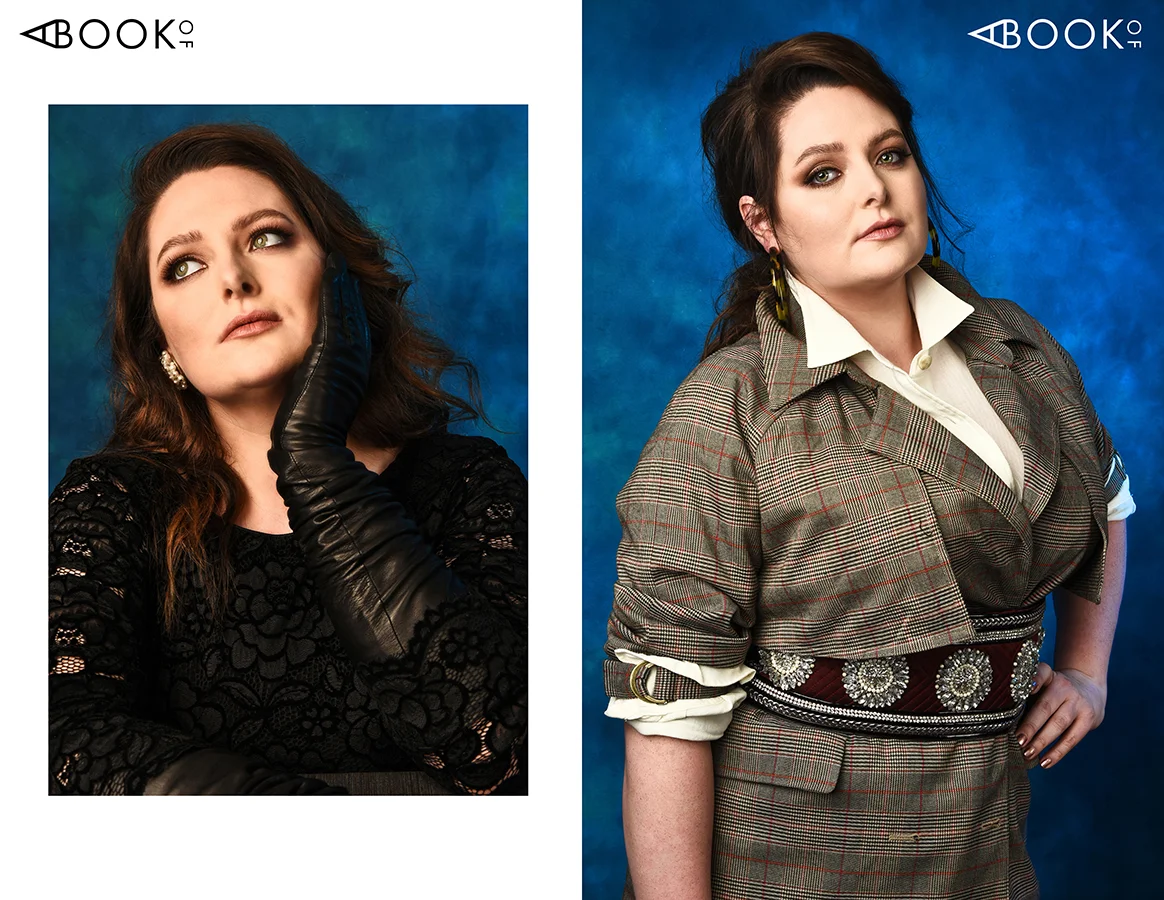 LEFT: Dress: Dolce & Gabanna, Gloves: Carolina Amato, Earrings: Stylist’s own RIGHT: Shirt: Vince, Jacket: Chelsea 28, Belt: Amen, Earrings: Cult Gaia