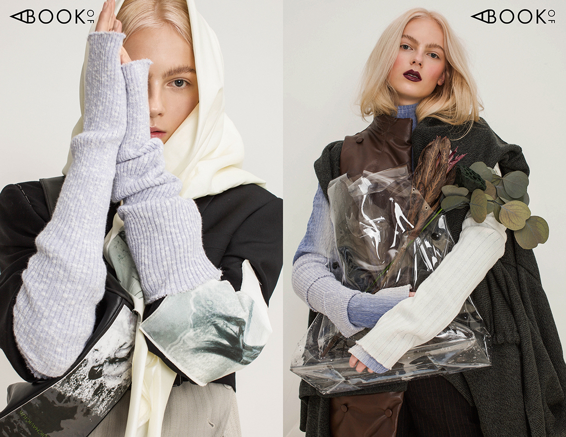 Left: Jacket - Urte Katiliute design, Scarf - Urte Katiliute design, Bag - Urte Katiliute design, Blouse - Kotryna Lipkeviciute, Trousers - Urte Vosyliute Right: Jumper - Kotryna Lipkeviciute, Vest - Urte Vosyliute, Trousers - Urte Katiliute design