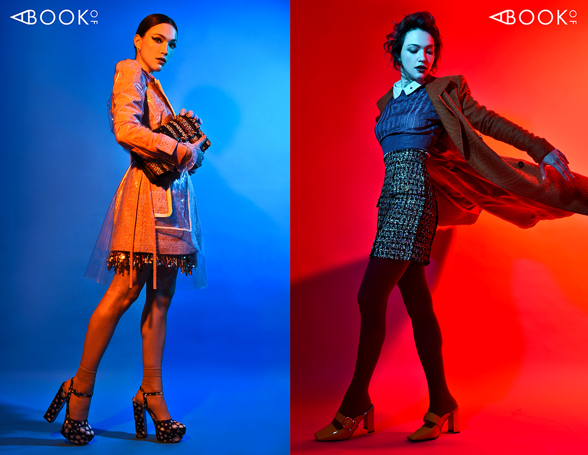 LEFT: Earrings: Lulus, Ring: Leciel Design, Gloves: Gaspar, Jacket/ Dress: Elisabetta Franchi, Stockings: Hue, Shoes: Miu Miu RIGHT: Earrings: Lulus, Shirt: Lulus, Sweater: Michelle Mason, Skirt: Ronny Kobo, Coat: Colton Dane, Stockings: A New Day, Shoes: Jeffery Campbell