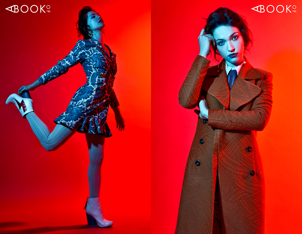 LEFT: Earrings: Lulus, Dress: Luciana Balderrama, Stockings: A New Day, Shoes: YRN RIGHT: Earrings: Lulus, Shirt: Lulus, Sweater: Michelle Mason, Skirt: Ronny Kobo, Coat: Colton Dane