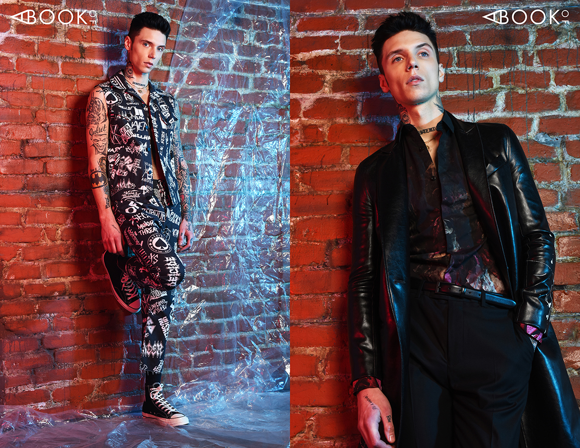 LEFT: Necklace: John Hardy, Vest & Pants: Blake Hyland, Sneakers: Converse RIGHT: Trench: Assembly, Shirt: Twisted Tailor, Belt: Stylist own, Pants: Theory