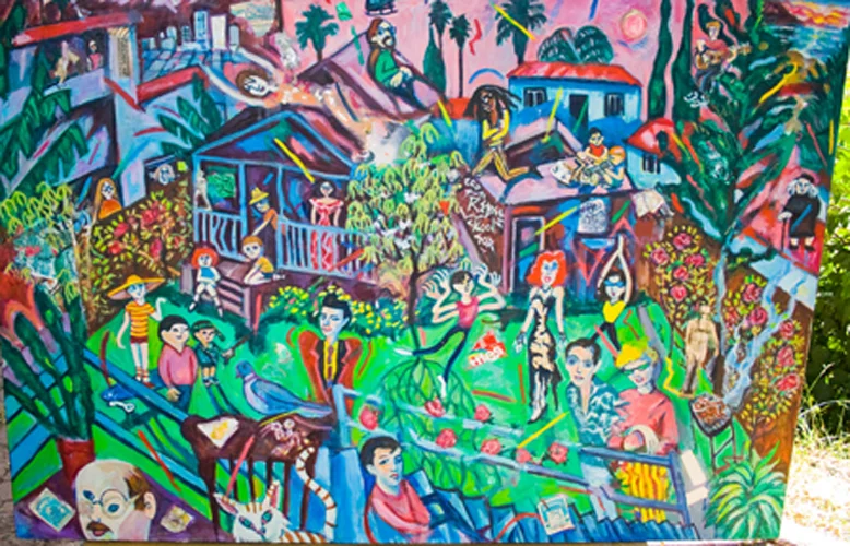 Barbara Romain, SPIRITS OF ROMAINE ST. GATHER FOR AN L.A. BACKYARD BARBECUE 48” x 72”, oil, 1986