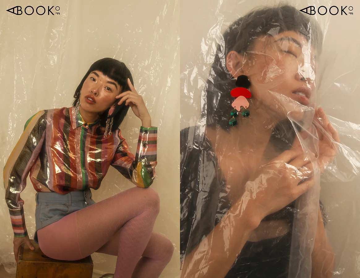 LEFT: Earrings: Melody Ehsani, Top: Alice & Olivia, Shorts: Hardeman, Shoes: Vintage RIGHT: Earrings: Melody Ehsani, Dress: WRAY