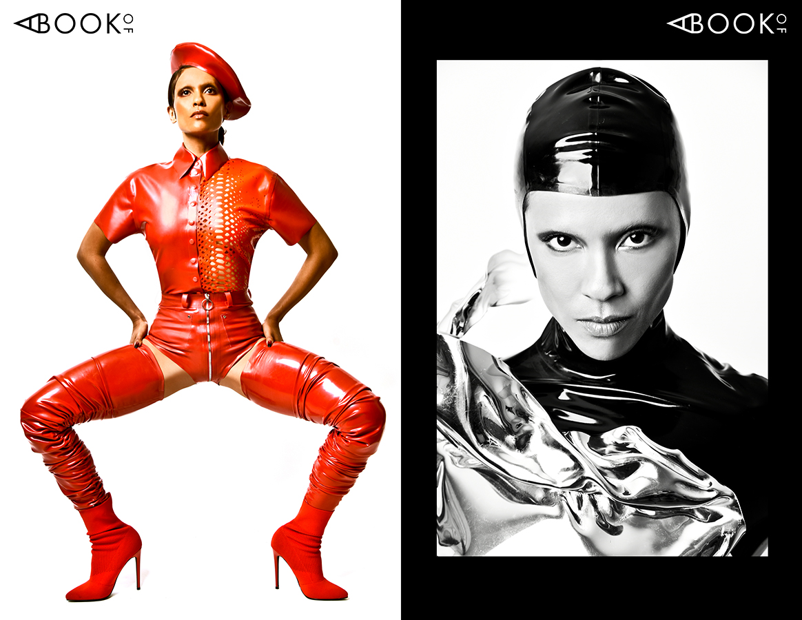 LEFT: Hat/Shirt/Shorts/Thigh highs : VEX , Boots: STEVE MADDEN RIGHT: Headpiece: VEX , Body Cast: GRAHAM CRUZ, Body Suit: VENUS PROTOTYPE