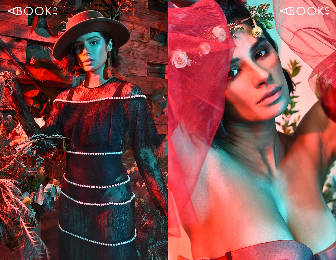 LEFT: Hat: LULUS , Bodysuit: NAKED WARDROBE , Dress: HONAYDA , Shoes RUTHIE DAVIS RIGHT: Dress ANASTASIA KIEFER