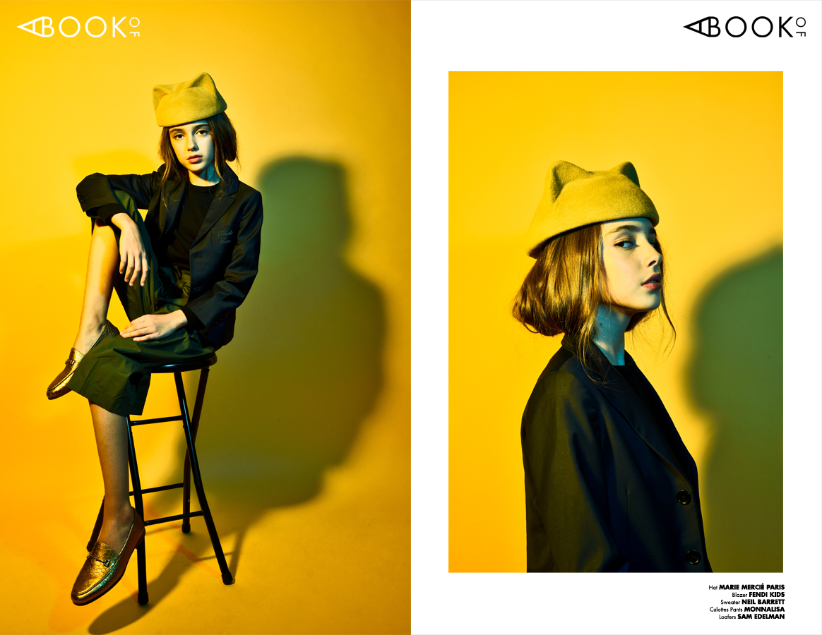 Hat: MARIE MERCIÉ PARIS , Blazer: FENDI KIDS , Sweater: NEIL BARRETT , Culottes Pants: MONNALISA , Loafers: SAM EDELMAN