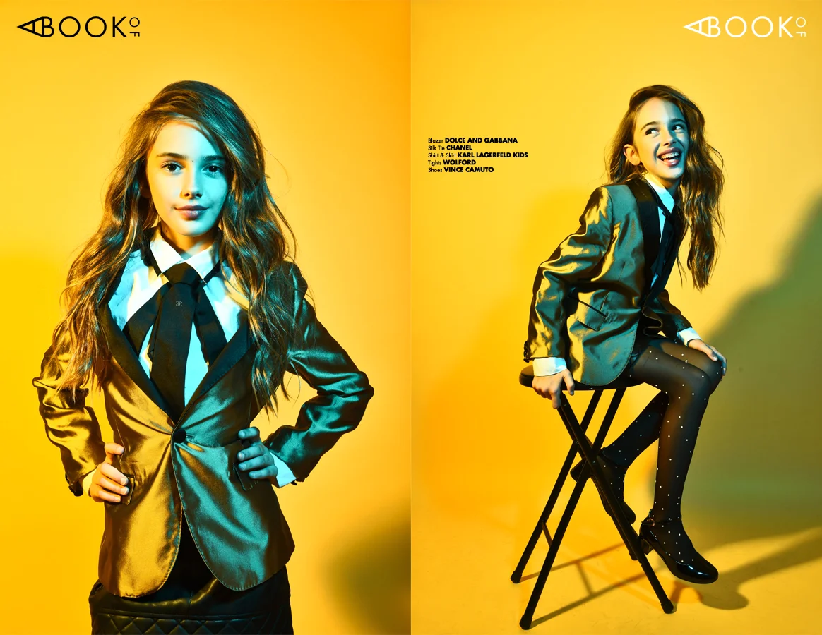 Blazer: DOLCE AND GABBANNA , Silk Tie: CHANEL , Shirt & Skirt: KARL LAGERFELD KIDS , Tights: WOLFORD , Shoes: VINCE CAMUTO