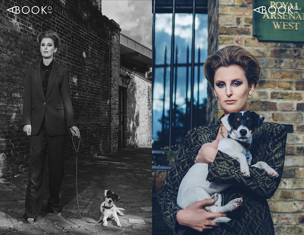 LEFT: Shirt: BITE , Suit: ESCADA, Earrings: DKNY, Ear Cuff: TADA AND TOY, Shoes: RUPERT SANDERSON RIGHT: Suit: NORMA KAMALI, Jewelry: VINTAGE