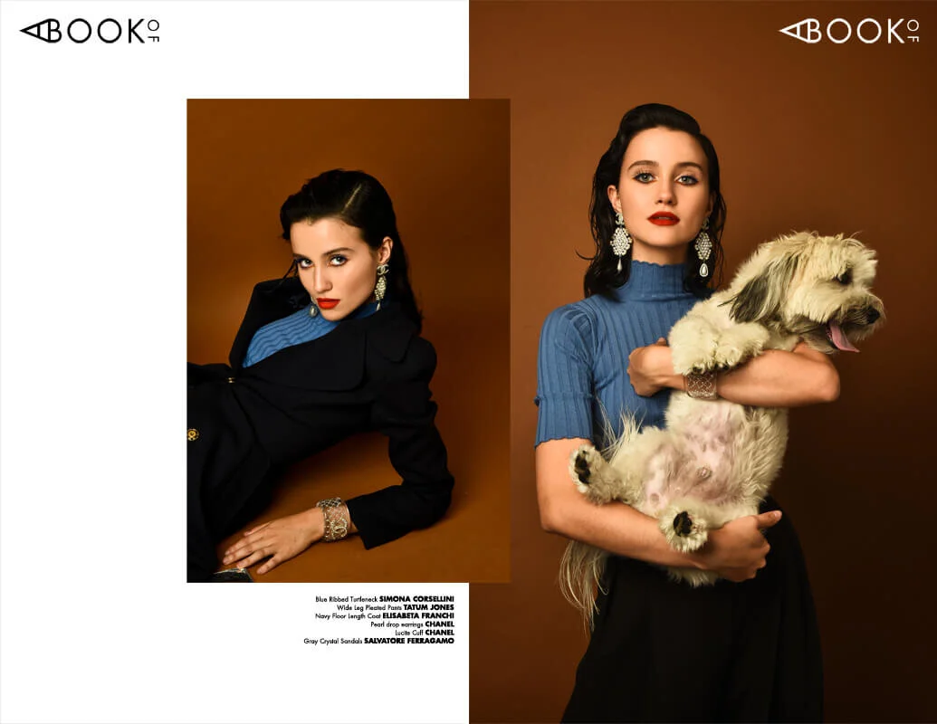 Blue Ribbed Turtle Neck: SIMONA CORSELLINI, Black Wide Leg Pleated Pants: TATUM JONES, Navy Floor Length Coat: ELISABETTA FRAANCHI, Pearl Drop Earrings, CHANEL, Lucite Cuff, CHANEL, Gray Crystal Sandals: SALVATORE FERRAGAMO