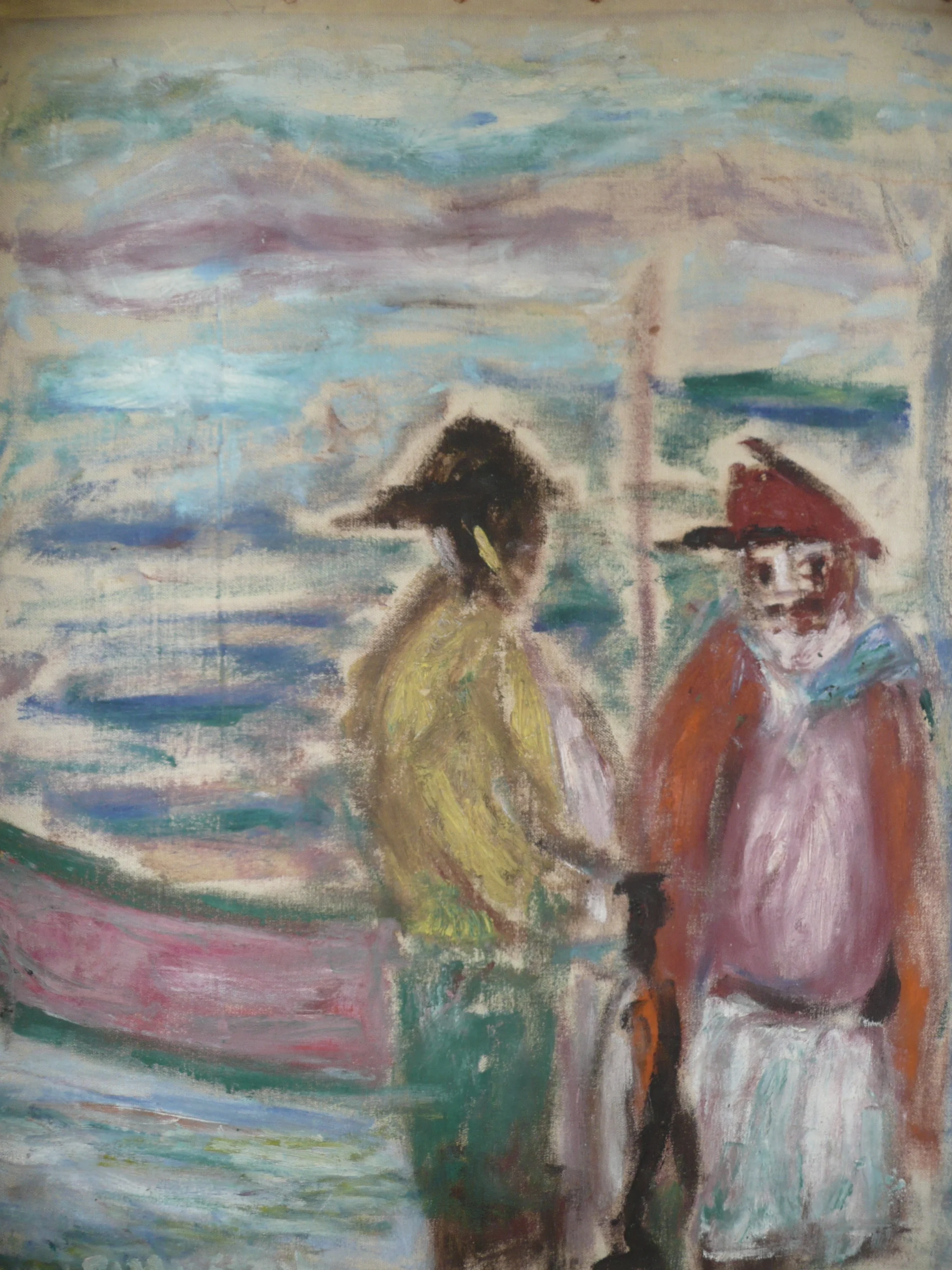 "Two Fishermen" Oil, 1950's-60's, 14x24"