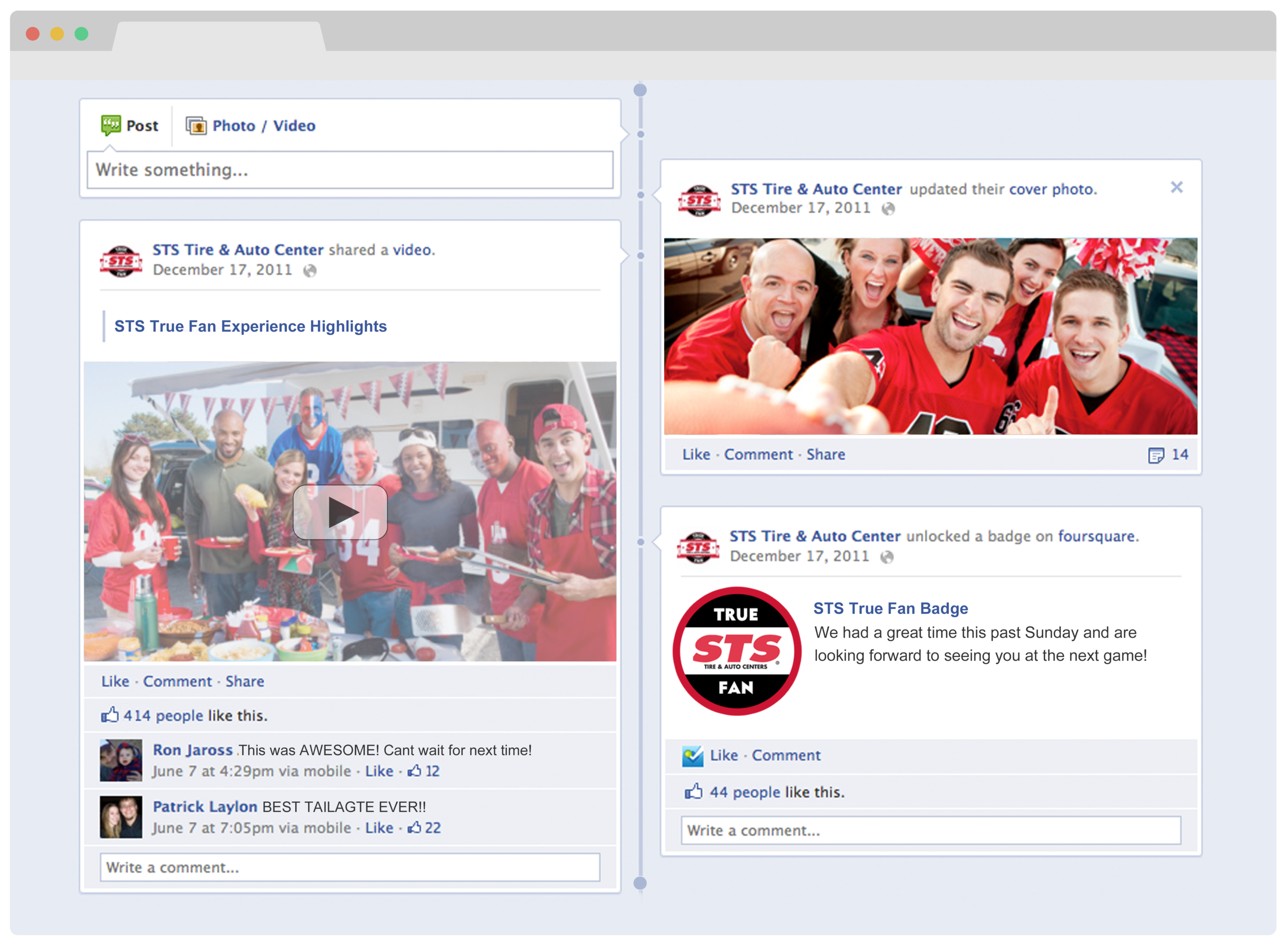 Facebook Facebook would play a lead role in the STS True Fan social presence. It would be used to share videos from the STS True Fan events, share photos and speak directly to the STS True Fan community. This would allow STS to share deals and speci…