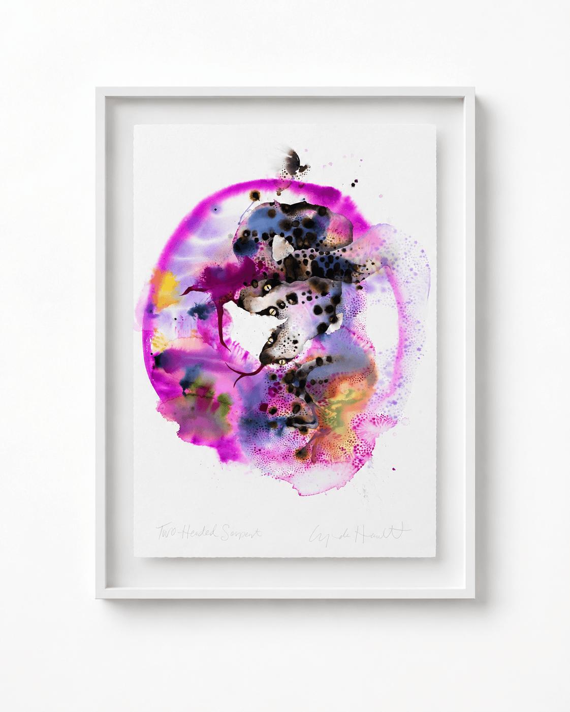 Two-Headed Serpent by Lynda Howitt displayed in a white floating frame. Original contemporary abstract ink artwork on paper by a Western Australian artist.