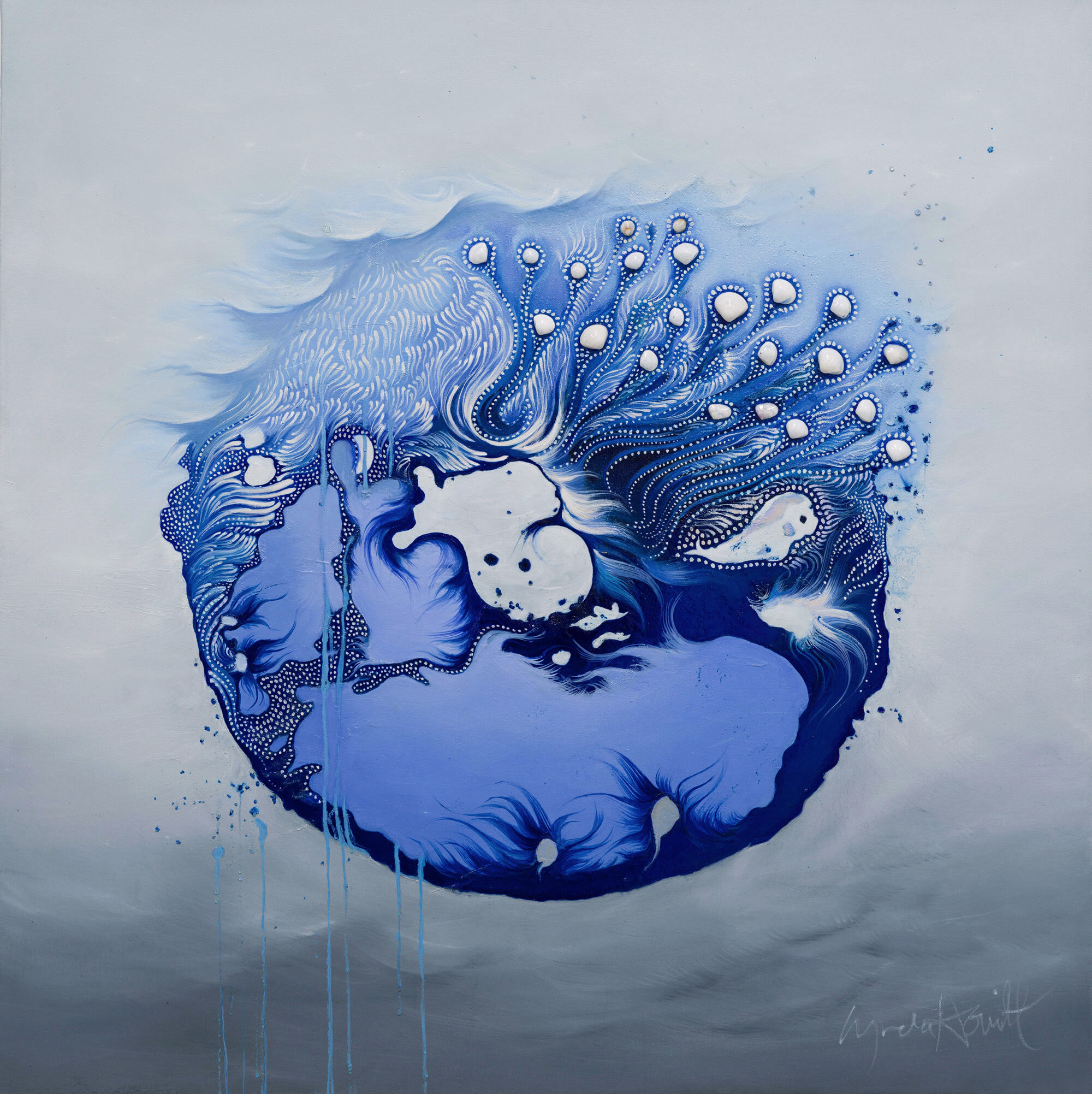 Baby Orca by Lynda Howitt 122x122cm oil on canvas with seashells