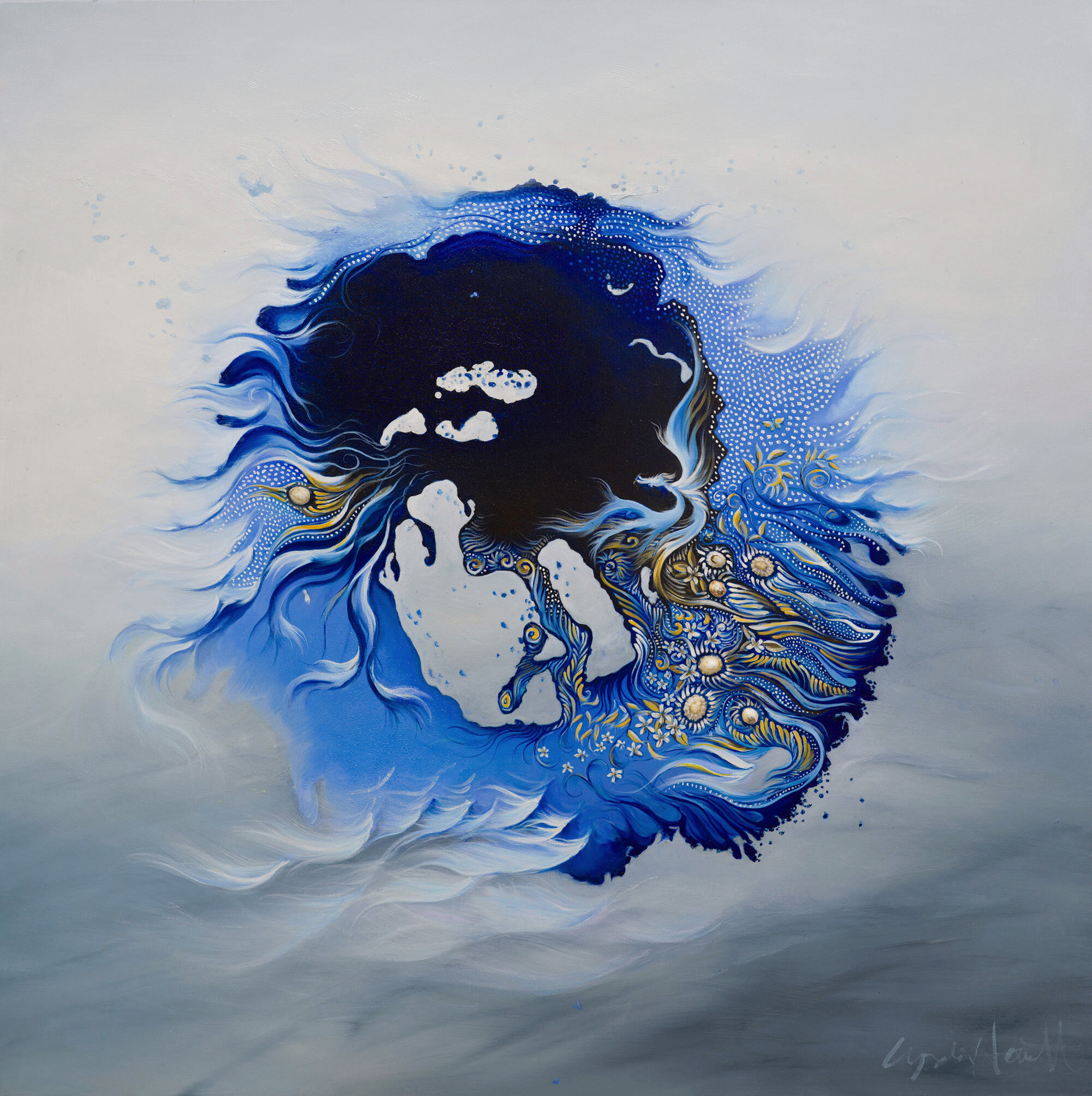 Sea Dragon's Garden by Lynda Howitt 122x122cm oil on canvas with seashells