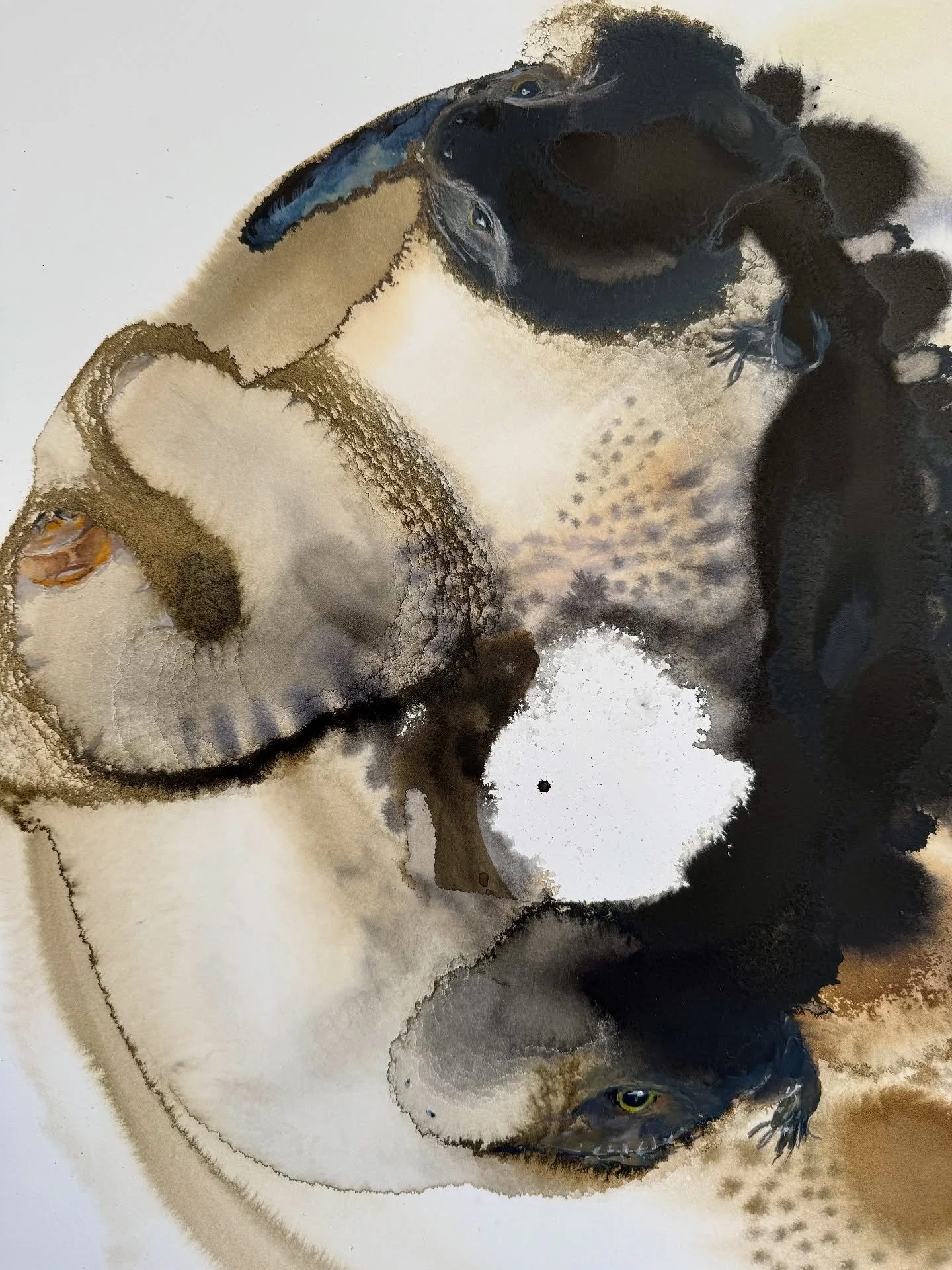 Without plan, the painting reveals what it wants to be.
A two-headed blue-tongued bobtail and a witchetty grub appeared, both native, both symbolic.
The two-headed bobtail speaks of duality and integration - the grounded and the mysterious, the seen