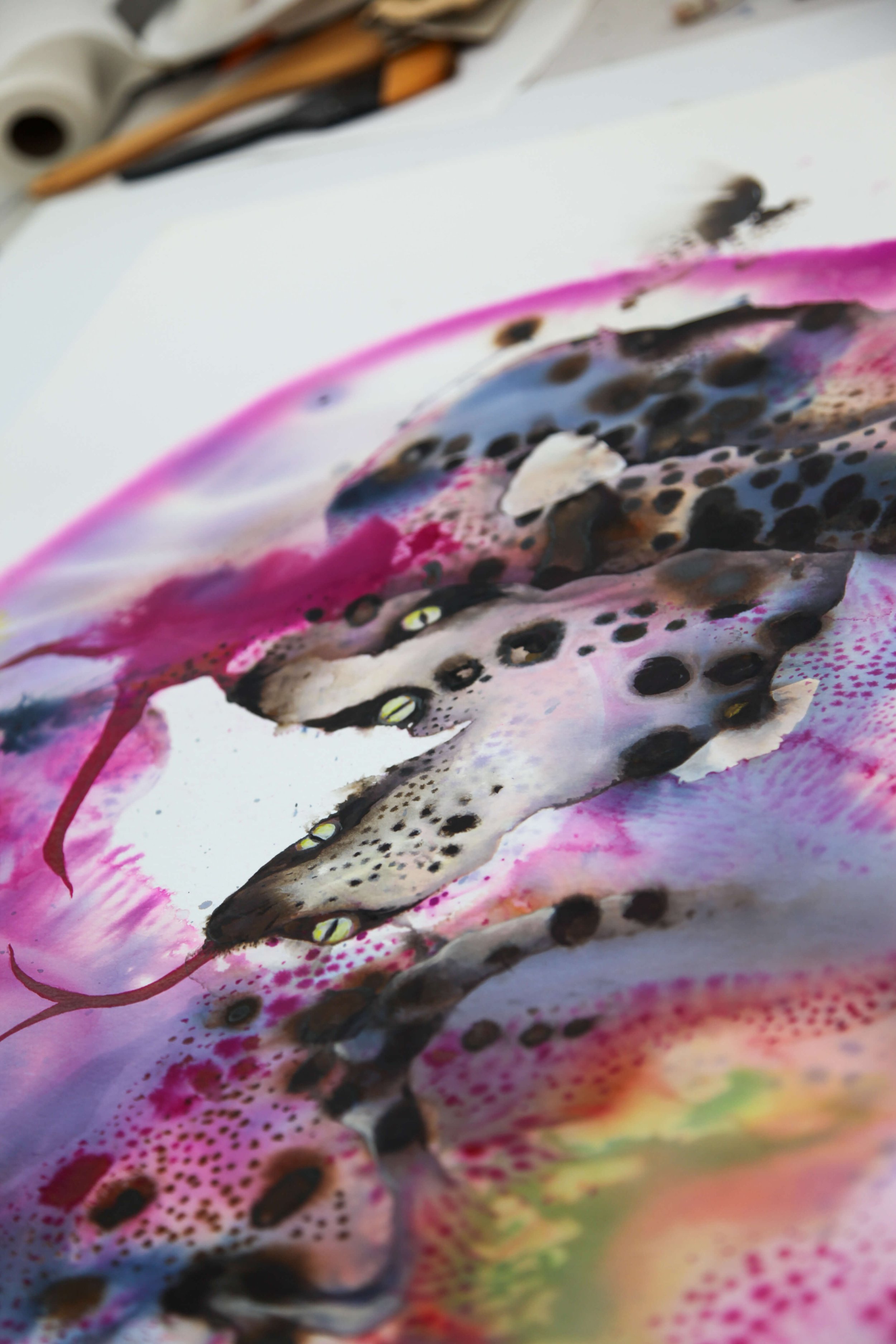 Close-up detail of Two-Headed Serpent by Lynda Howitt showing flowing ink, layered textures and abstract serpent forms.