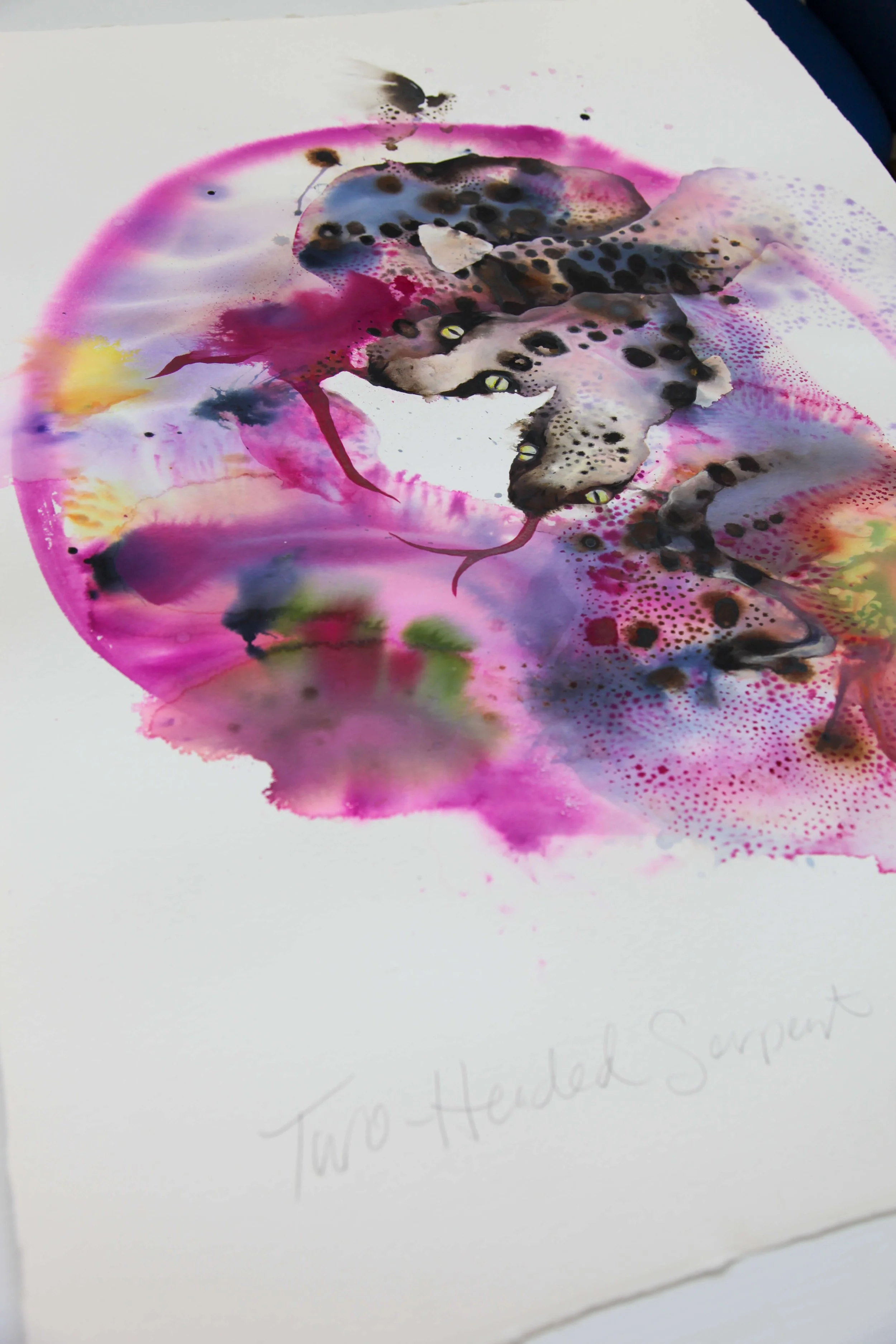 Close-up detail of Two-Headed Serpent by Lynda Howitt showing flowing ink, layered textures and abstract serpent forms.