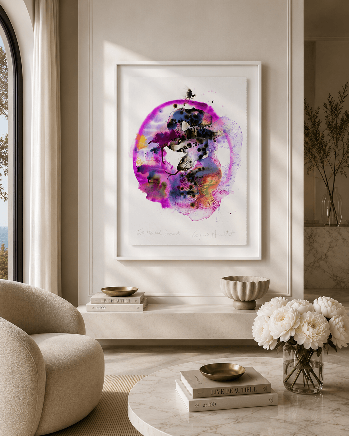 Contemporary luxury living room featuring Two-Headed Serpent by Australian artist Lynda Howitt in a white floating frame.