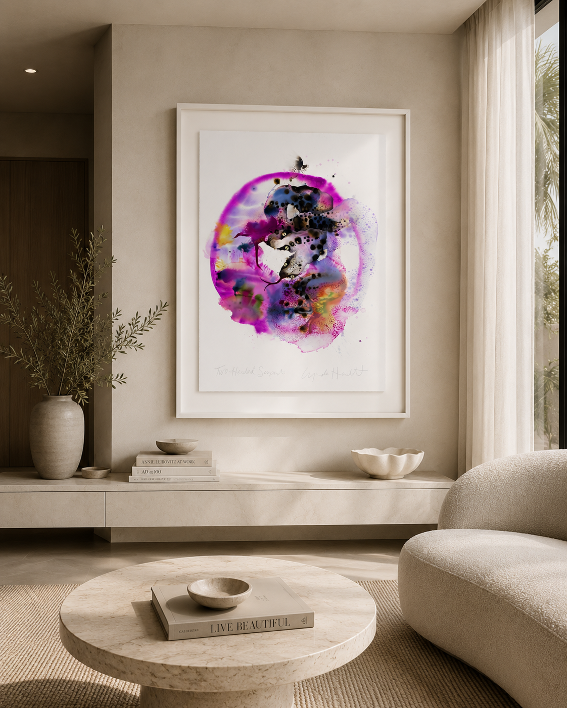 Two-Headed Serpent by Lynda Howitt styled in a luxury contemporary interior. Original abstract ink artwork displayed in a white floating frame.
