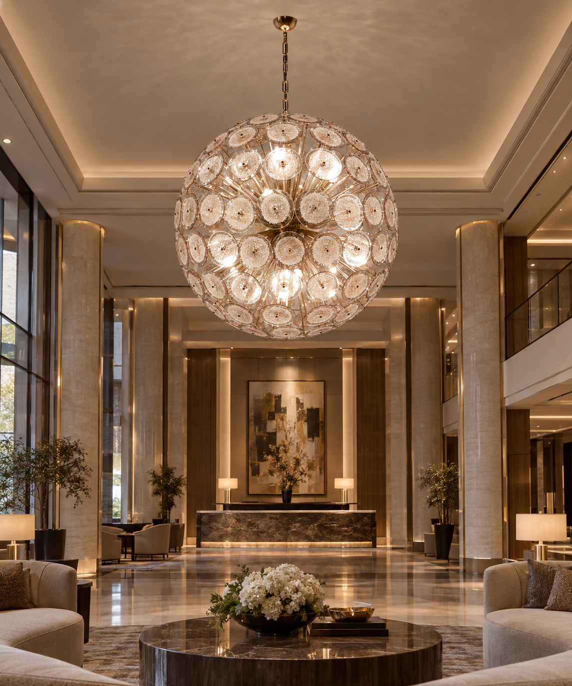 Opulent Lobby and Spherical Crystal Chandelier.png