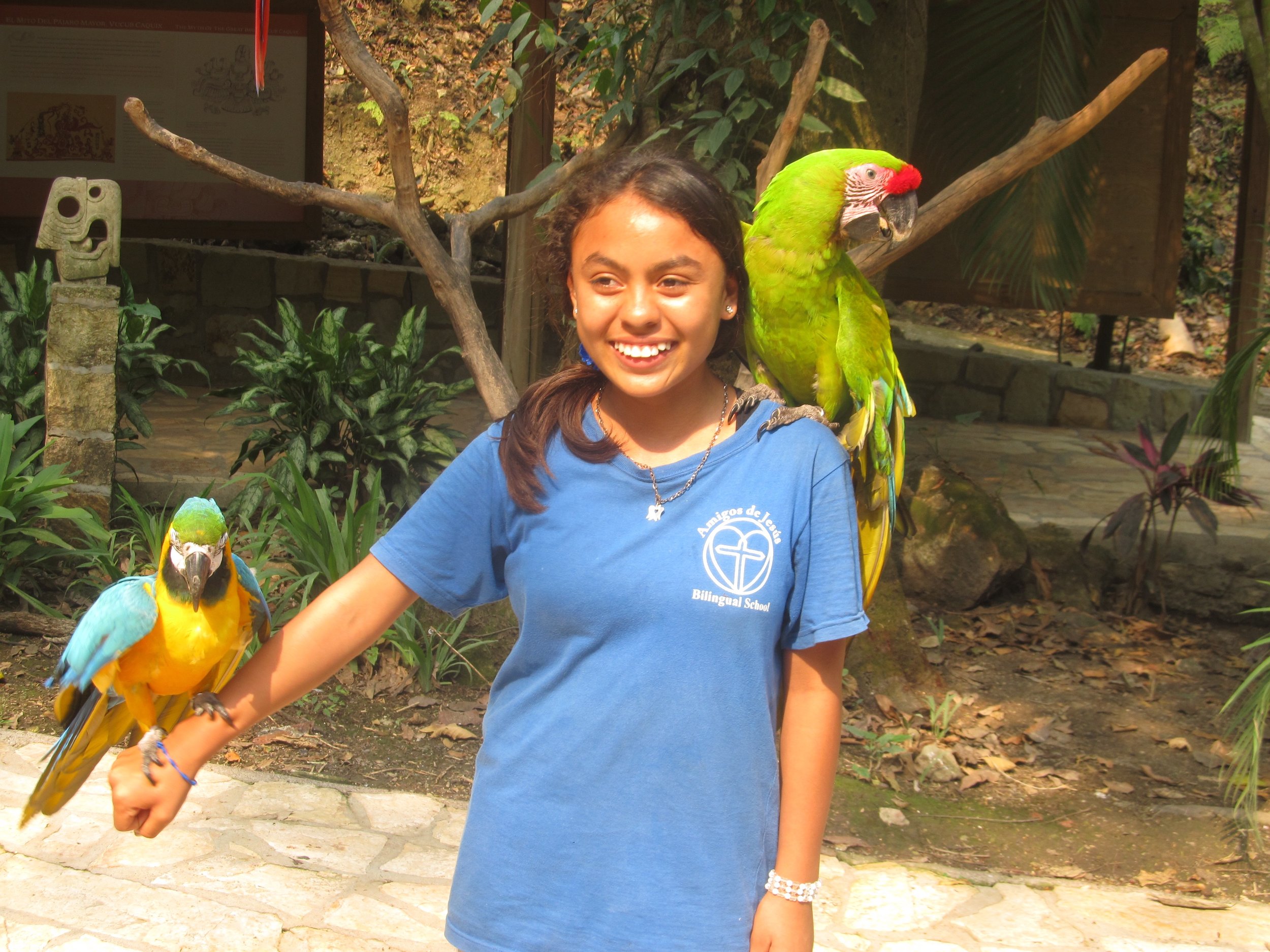 Adeline holding macaws (the national bird of Honduras) on a field trip to Copan Ruinas, Honduras, in April.