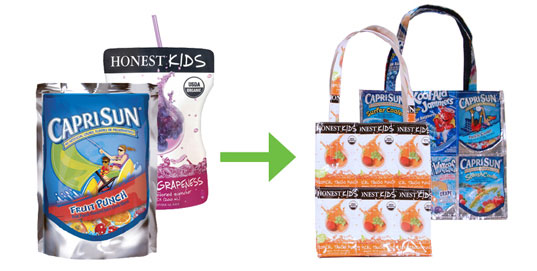 Capri Sun and Honest Kids pouches upcycled into tote bags