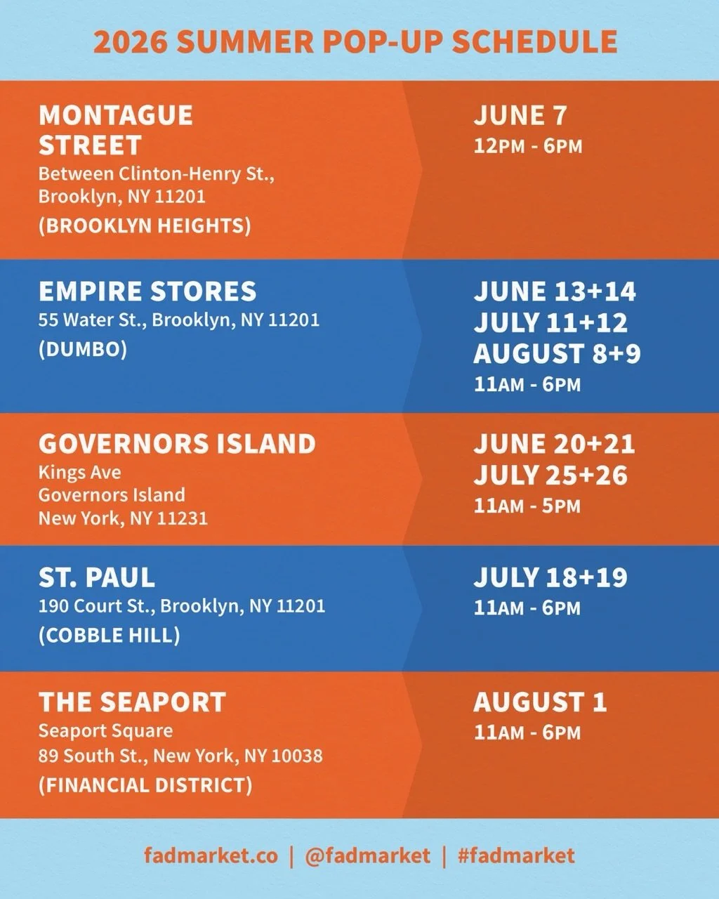 ☀️ Summer starts now.

From Brooklyn Heights and Dumbo to Governors Island, Cobble Hill, and The Seaport, FAD Market is popping up all season long with independent makers, artists, designers, and small businesses.

Our summer season kicks off this Su