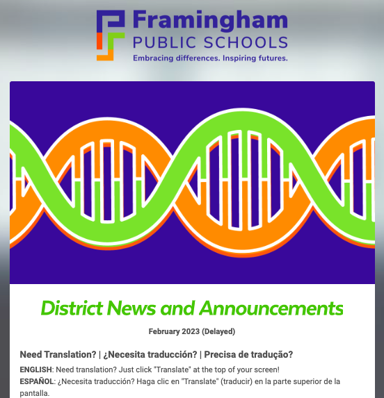 Screenshot of District News and Announcements Newsletter