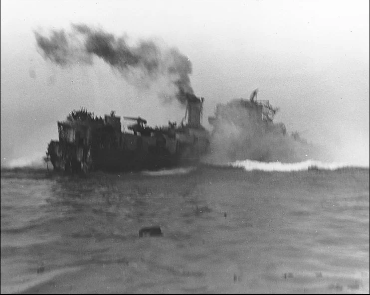 Book Figure 84. USS DE Rich sinking after being hit by mines. US Navy National Archives (Photo # NH 44312), Wikipedia.