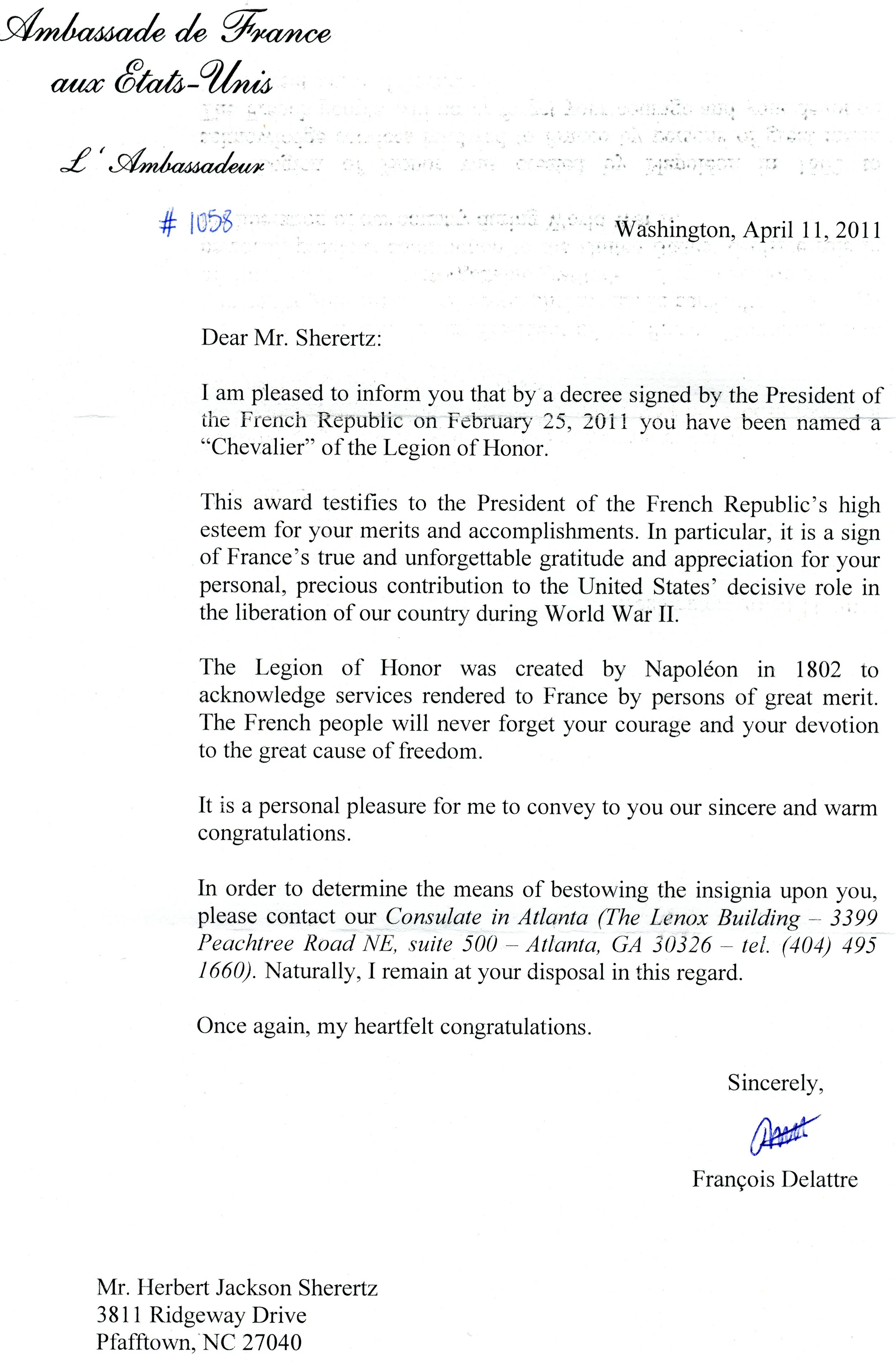 French Legion of Honor Medal Letter