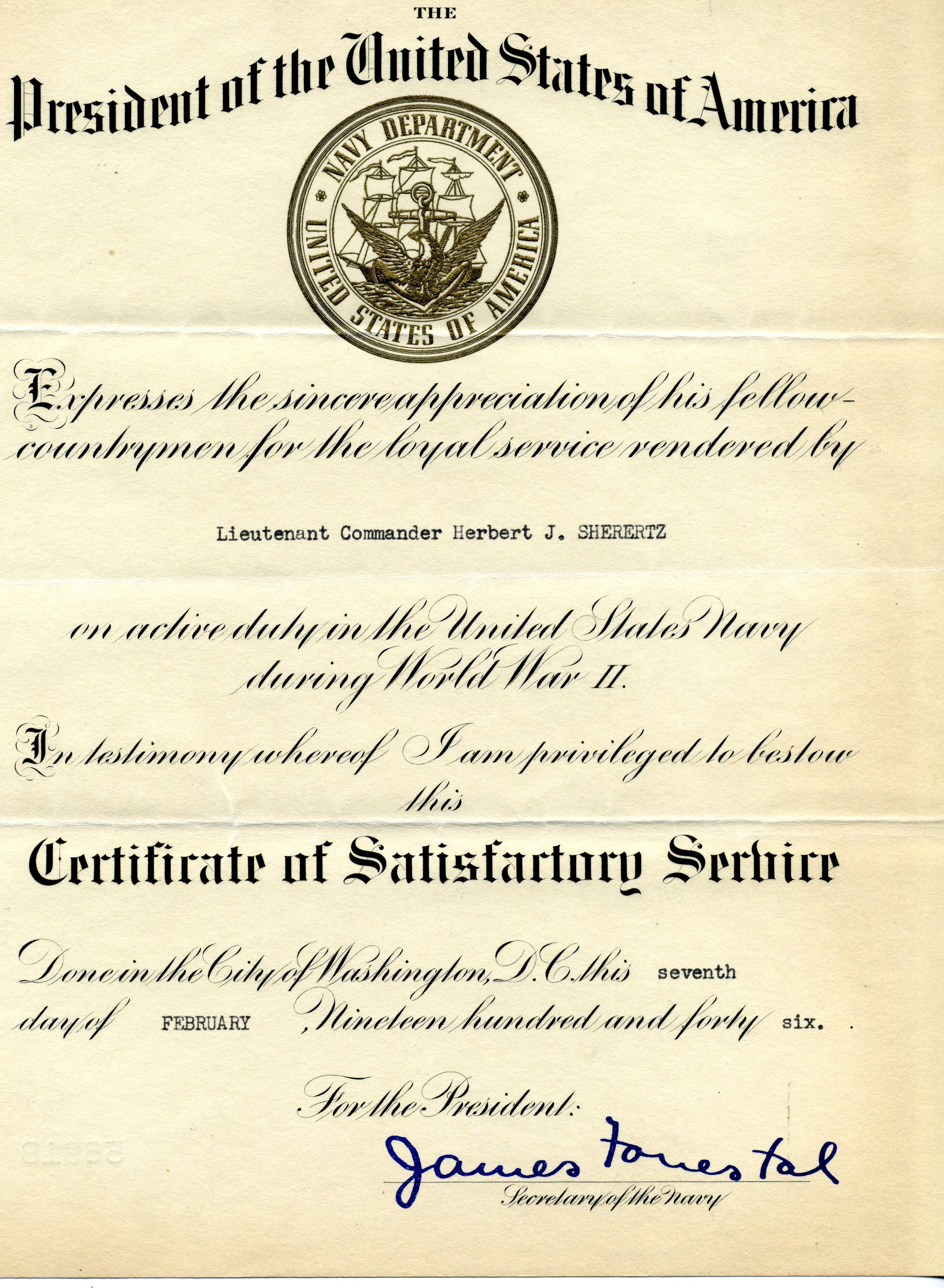 Lt. Commander Sherertz WWII Service Certificate.