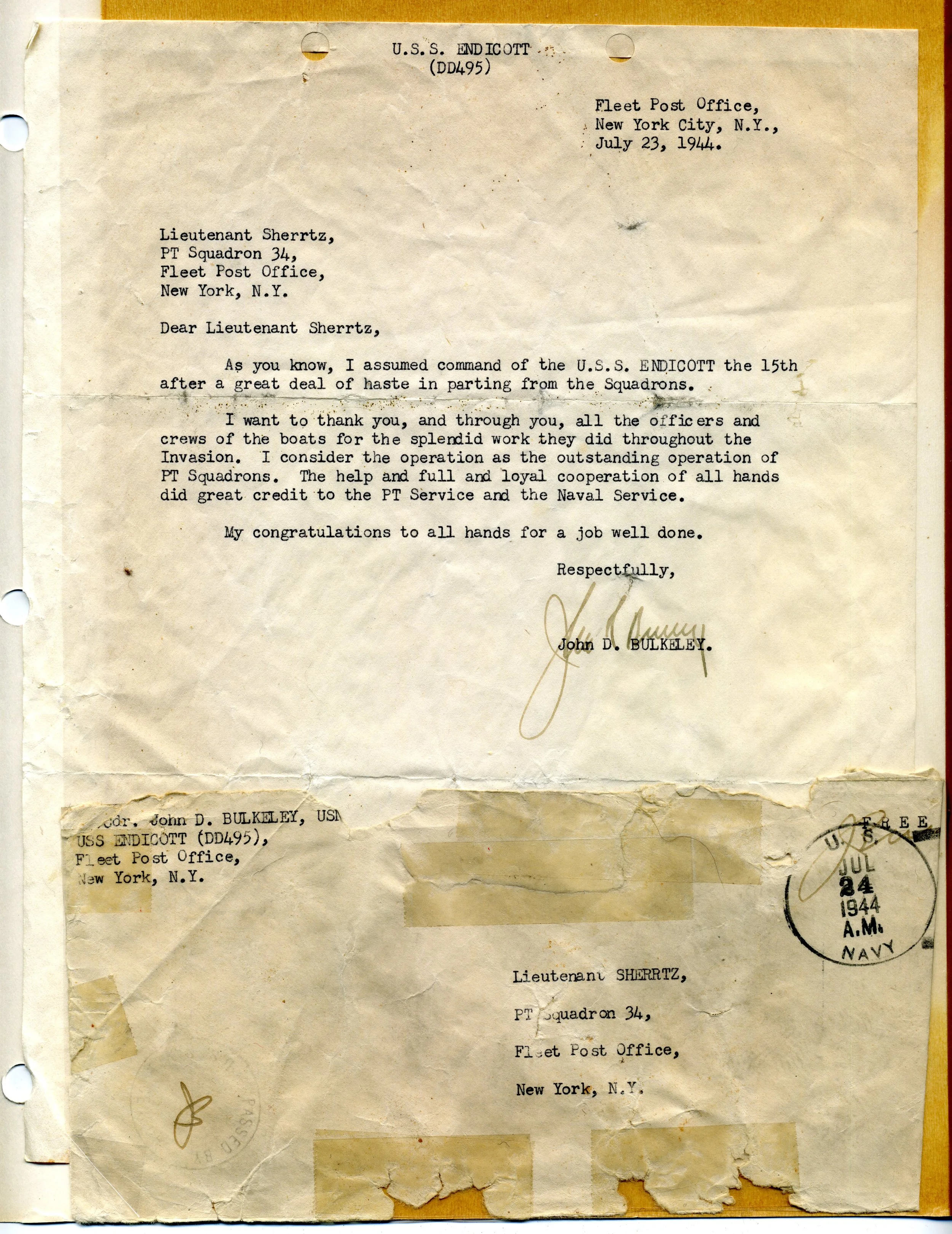 Letter from Captain Bulkeley to Lt. Sherertz after D-Day.