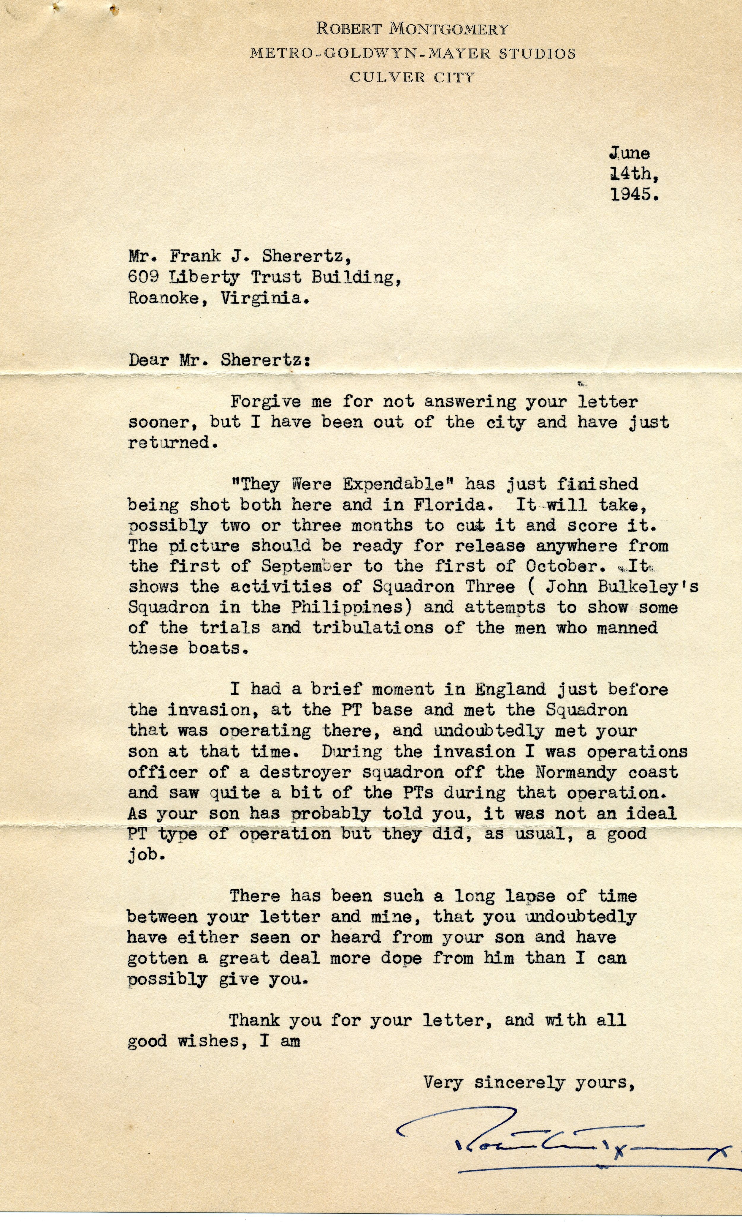 Letter from Robert Montgomery to Frank Sherertz (Jack Sherertz's father).