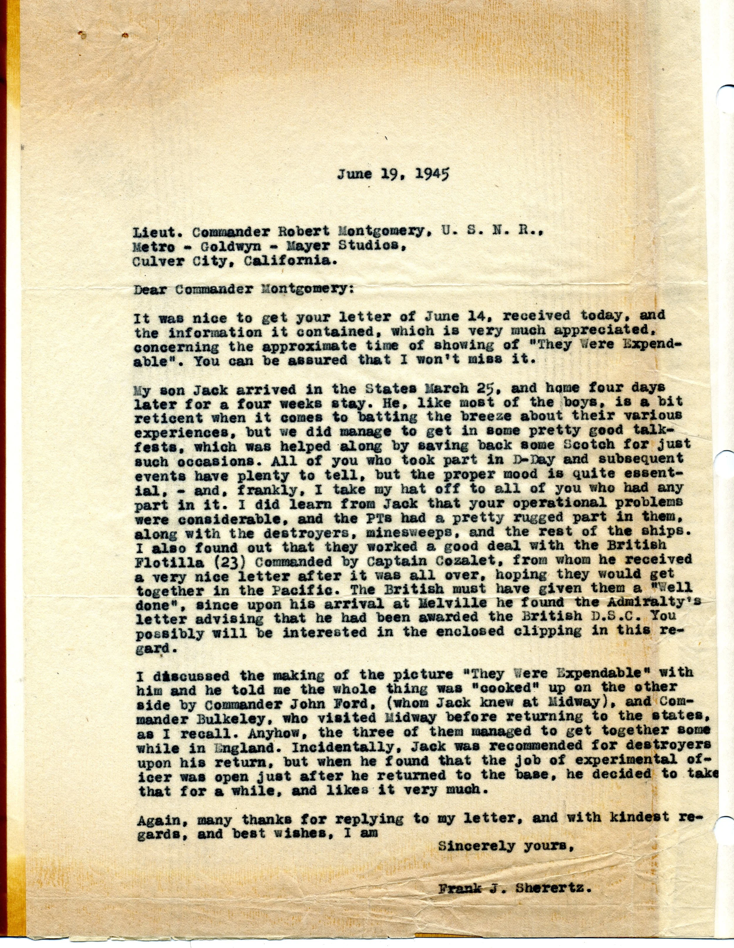 Letter from Frank Sherertz (Jack Sherertz's father) to Robert Montgomery.