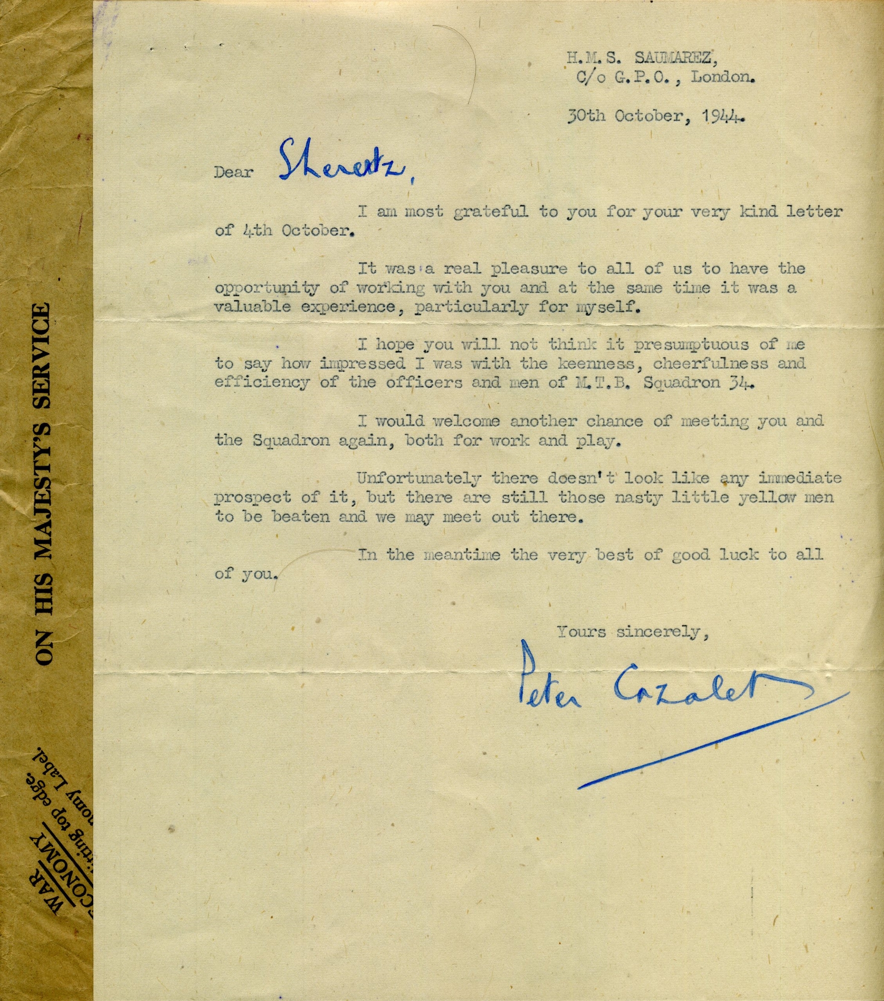 Letter from Captain Peter Cazalet (HMS Saumarez) to Lt Sherertz.