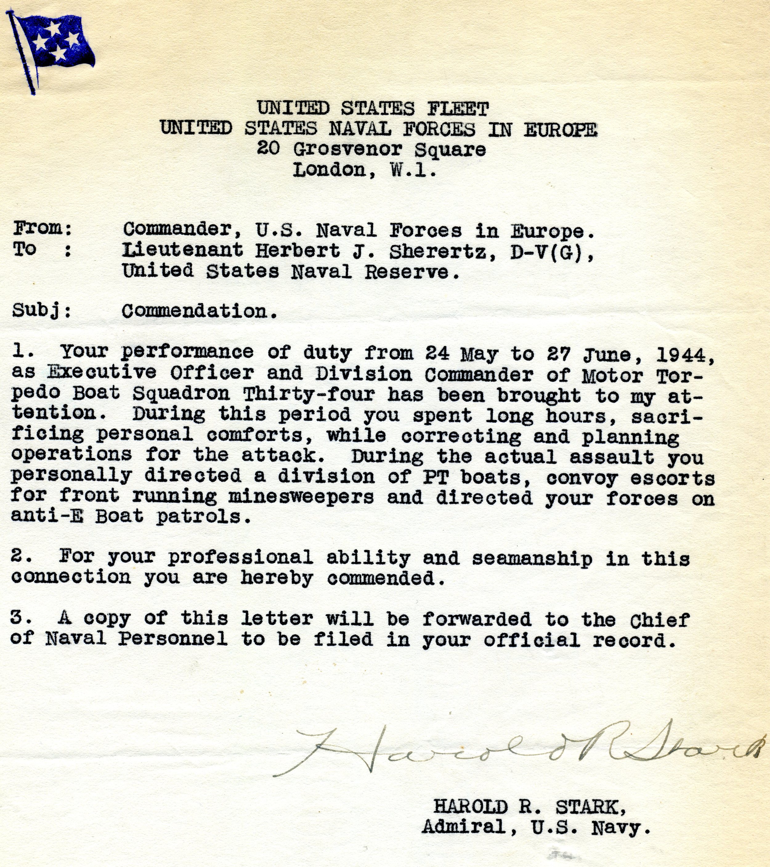 Letter of Commendation for Post D-Day Channel Operations