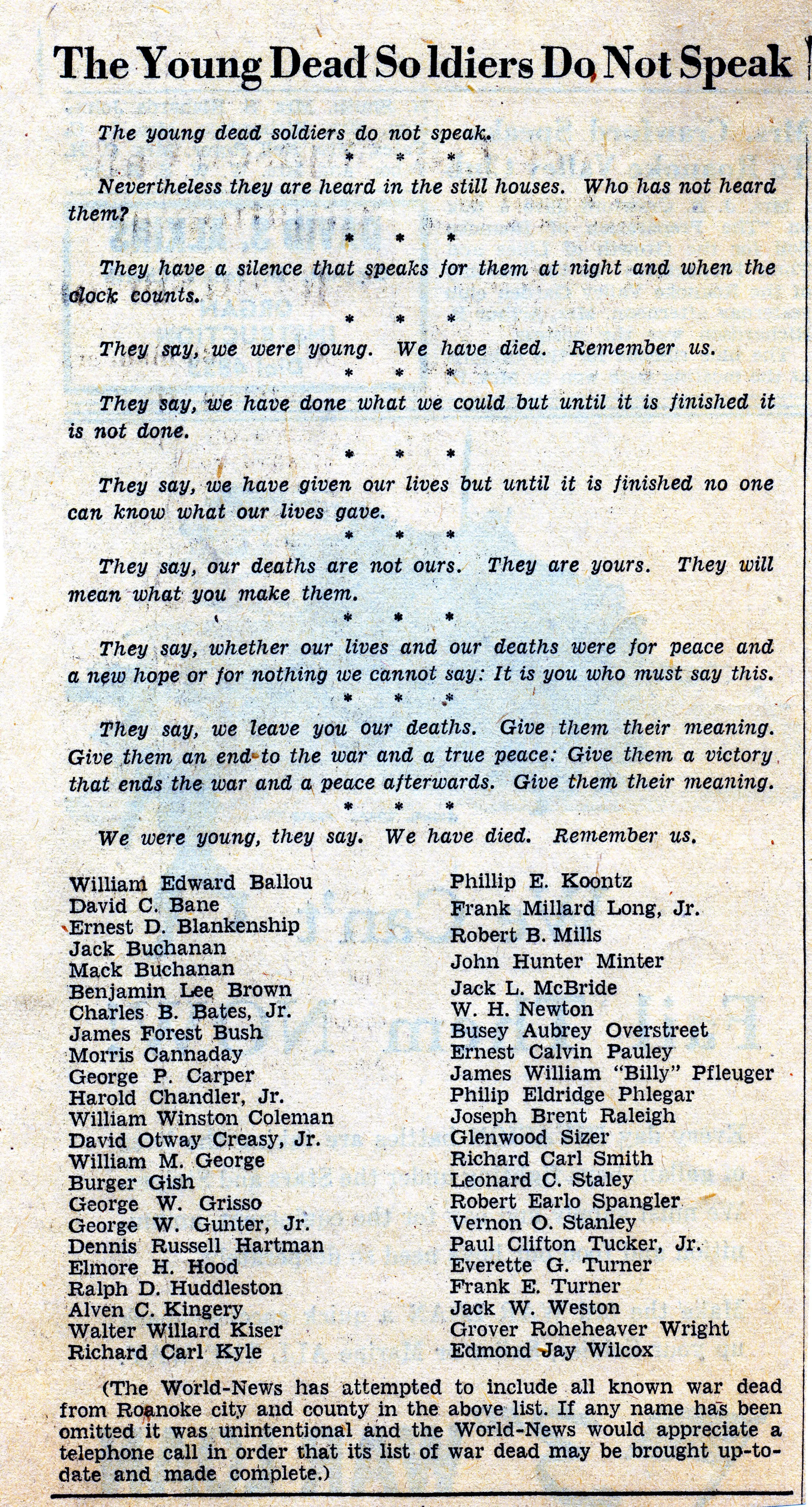 WWII Roanoke Va Men Who Died