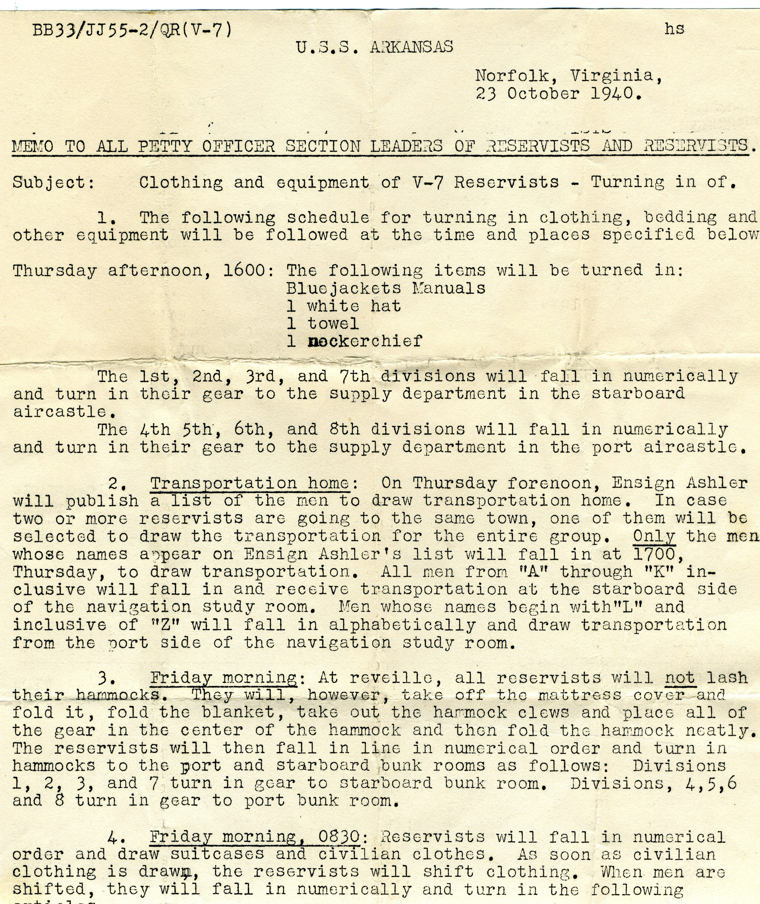 Book Figure 8A. Memo to USS Arkansas Apprentice Seamen